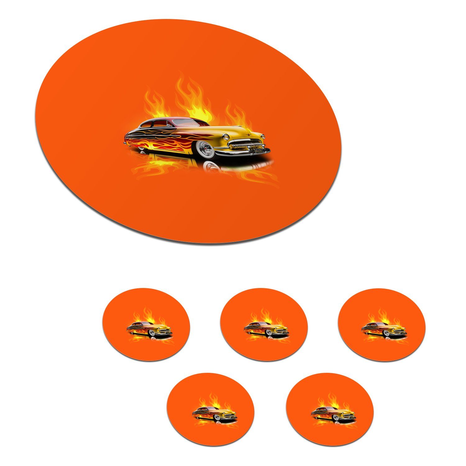 MuchoWow Glasuntersetzer Auto - Flammen - Orange - Feuer - Vintage, Zubehör für Gläser, 6-tlg., Getränkeuntersetzer, Tassenuntersetzer, Korkuntersetzer, Tasse, Becher