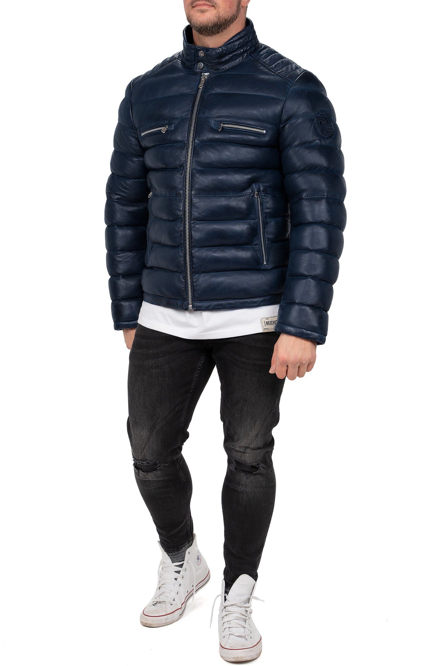 Reichstadt Bomberjacke Herren Regular Fit Jacke Echtleder 19RS016 Navy L Zweiwege-Reißverschluss