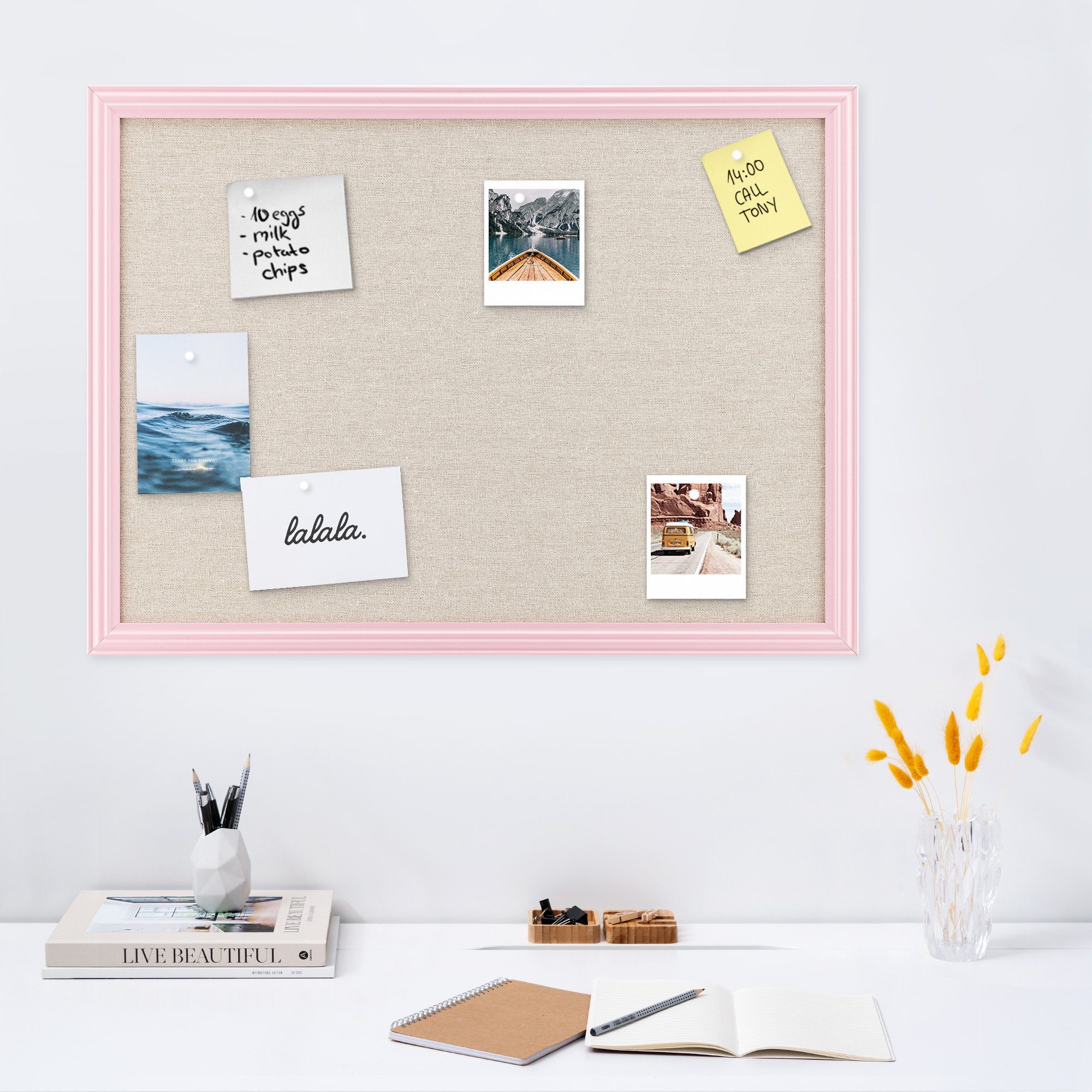 - - Rosa Memoboard Leinenoberfläche cm Pinnwand mit Leinen Navaris Memoboard aus 58x43