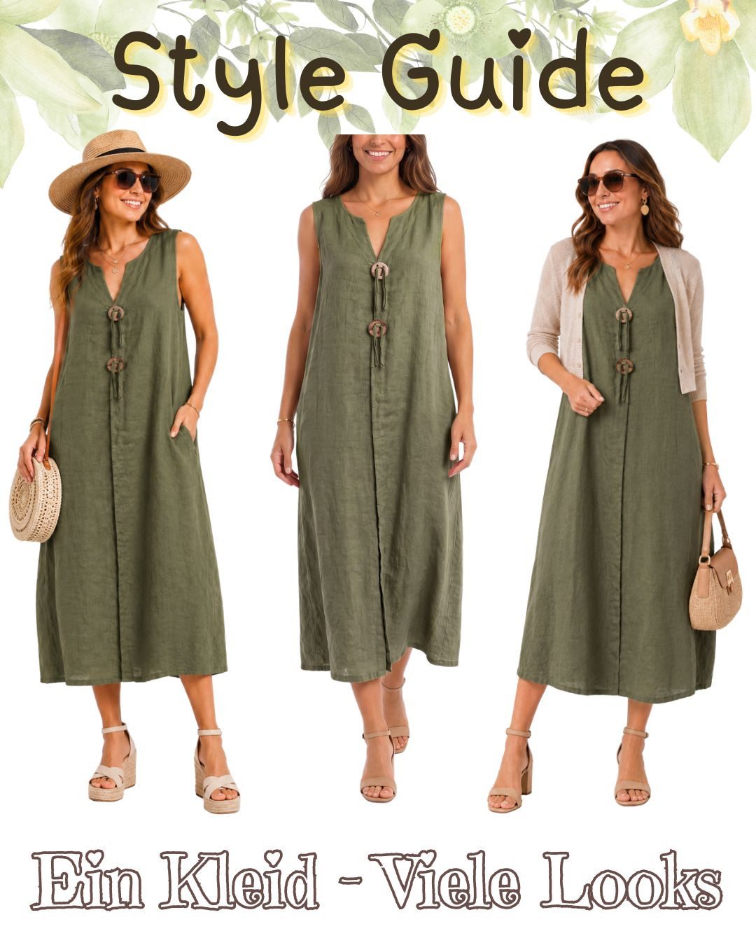 dy_mode Sommerkleid Damen Leinenkleid Luftiges Maxi Sommerkleid Strandkleid Damenkleid in Unifarbe, V-Ausschnitt, mit seitlichen Eingriffstaschen – Bild 5 von 5