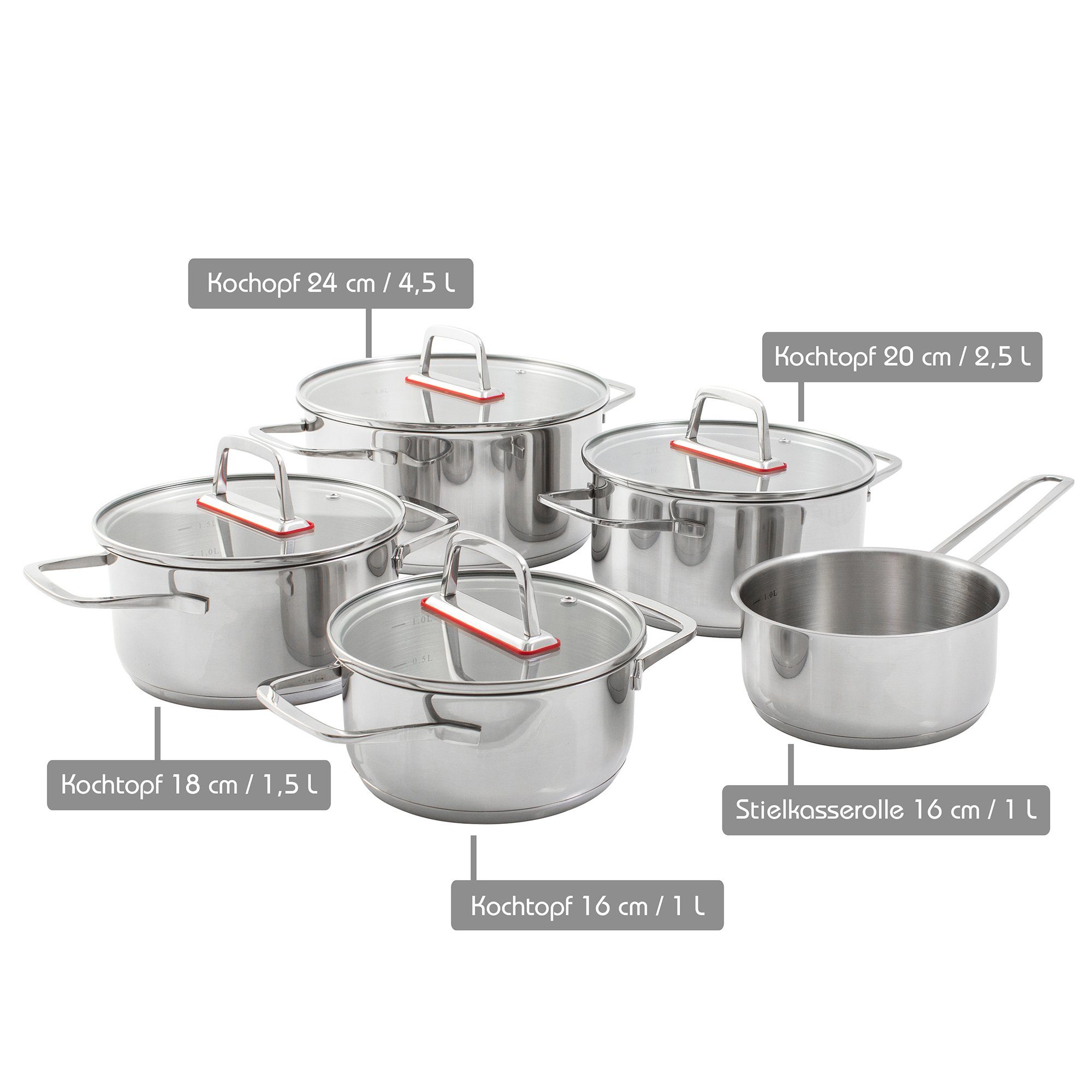 Deckel mit 9-tlg, 4 Jara, Töpfe + Kopf Edelstahl Induktion, 1 (9-tlg), Topf-Set Kochtopfset, Stielkasserolle