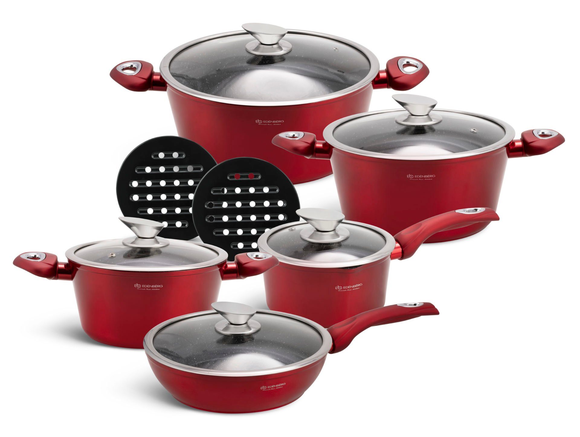 Topf-Set Rote Topfset mit Glasdeckel, Kochtopf, Pfanne, Kasserolle INDUKTION