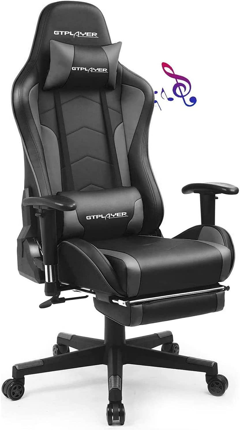 GTPLAYER Gaming-Stuhl Bürostuhl Gamer Stuhl mit Fußstützen Bluetooth Lautsprecher, Ergonomischer Musik Computerstuhl inkl. Lendenwirbel- und Nackenkissen