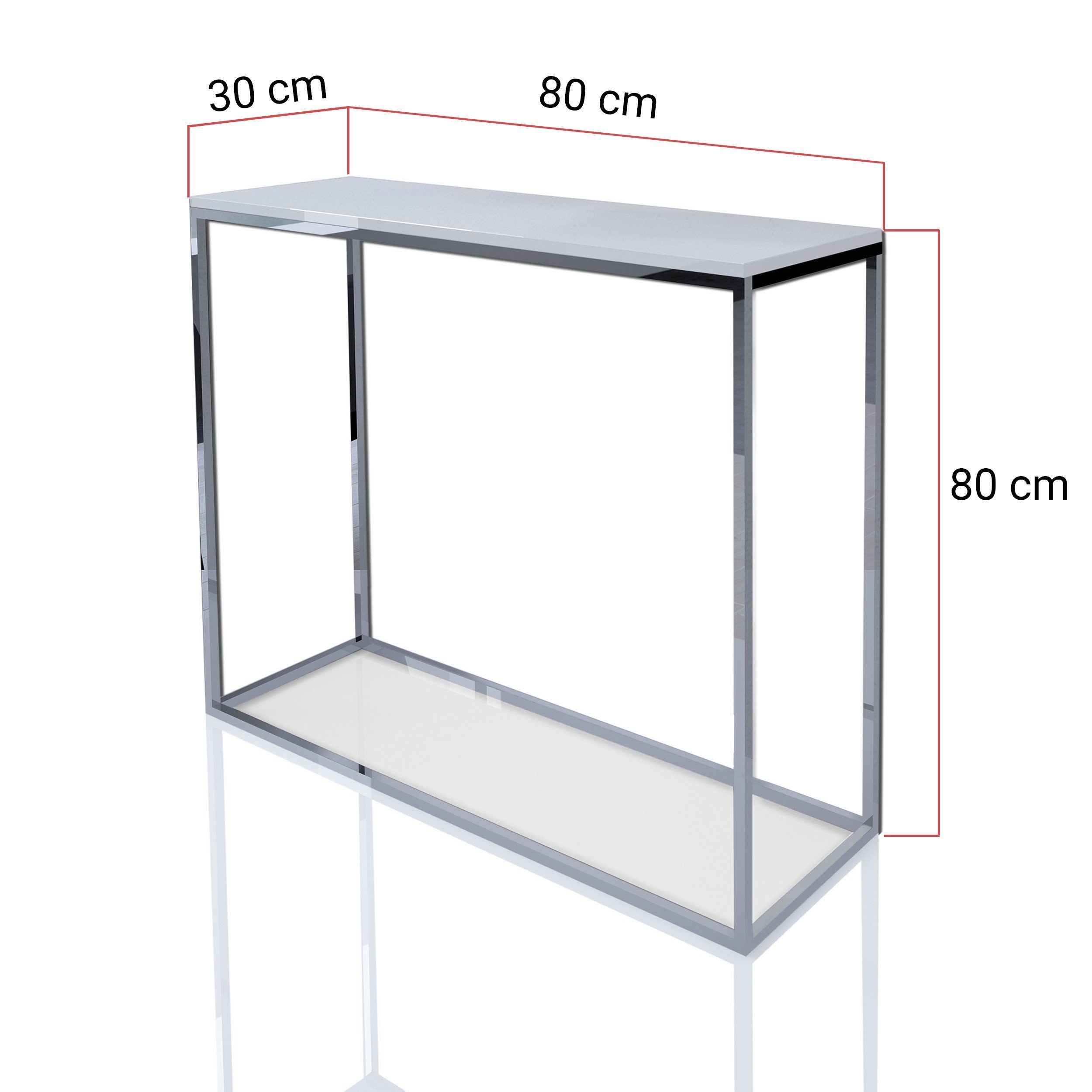 Konsolentisch Hochglanz Metallgestell 80cm, Konsolentisch Domando Pesaro, pulverbeschichtetes Chrom und Breite Weiß