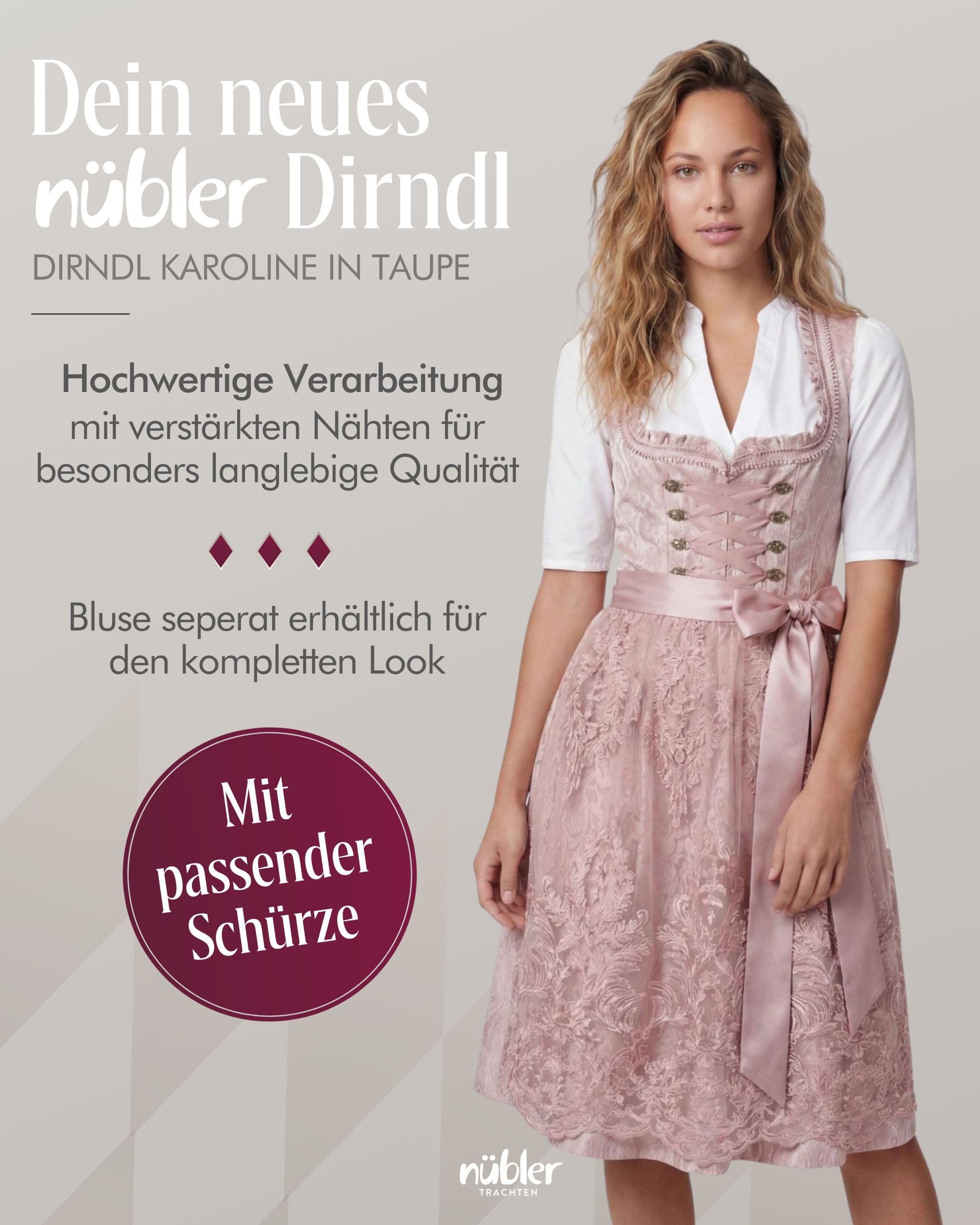 Nübler Dirndl Minidirndl Karoline in Taupe - Rocklänge 60 cm