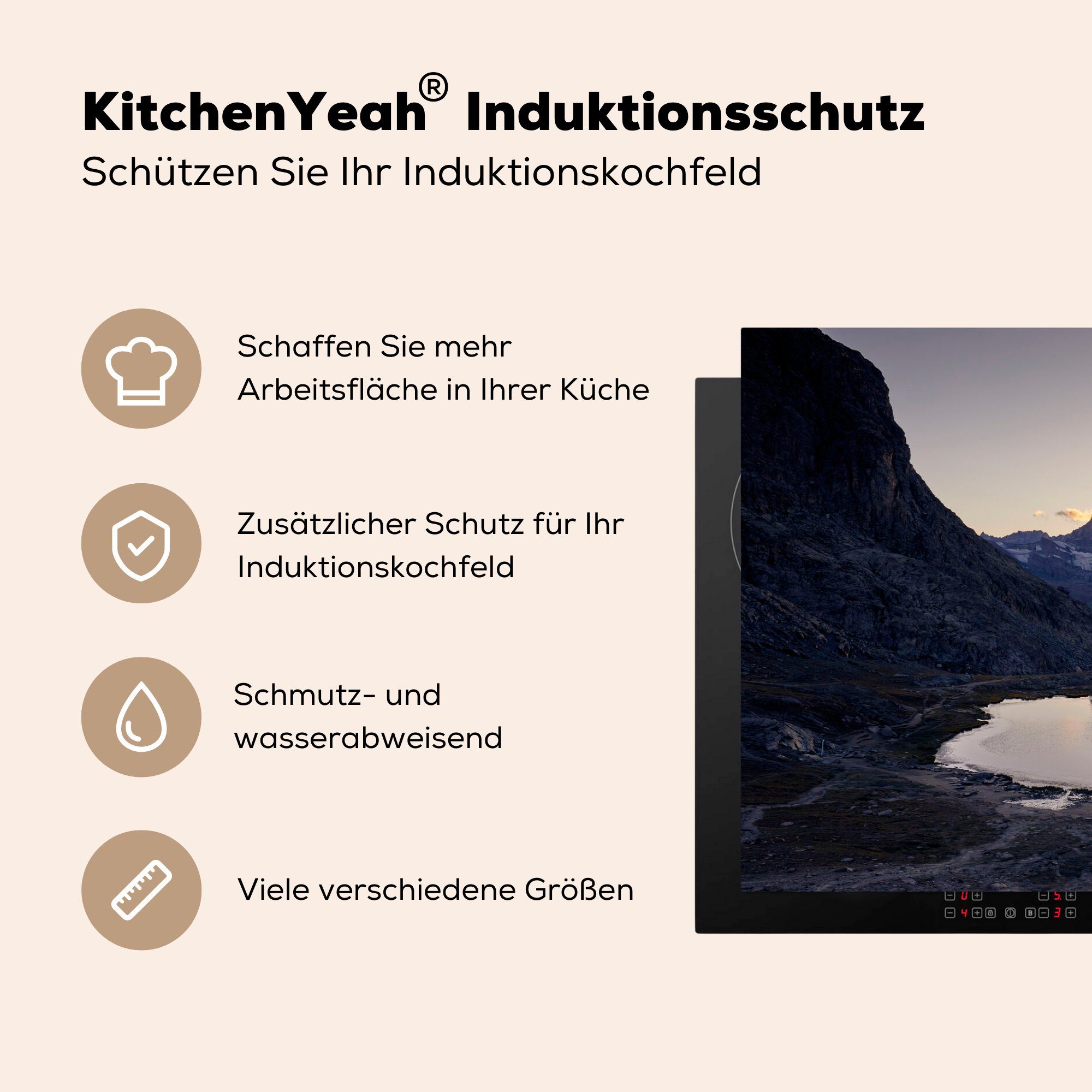 Schweiz, MuchoWow küche, 81x52 Schutz Matterhorn tlg), der Das Induktionskochfeld Herdblende-/Abdeckplatte für in Vinyl, Ceranfeldabdeckung der (1 cm, Sonnenaufgang und bei Riffelsee die