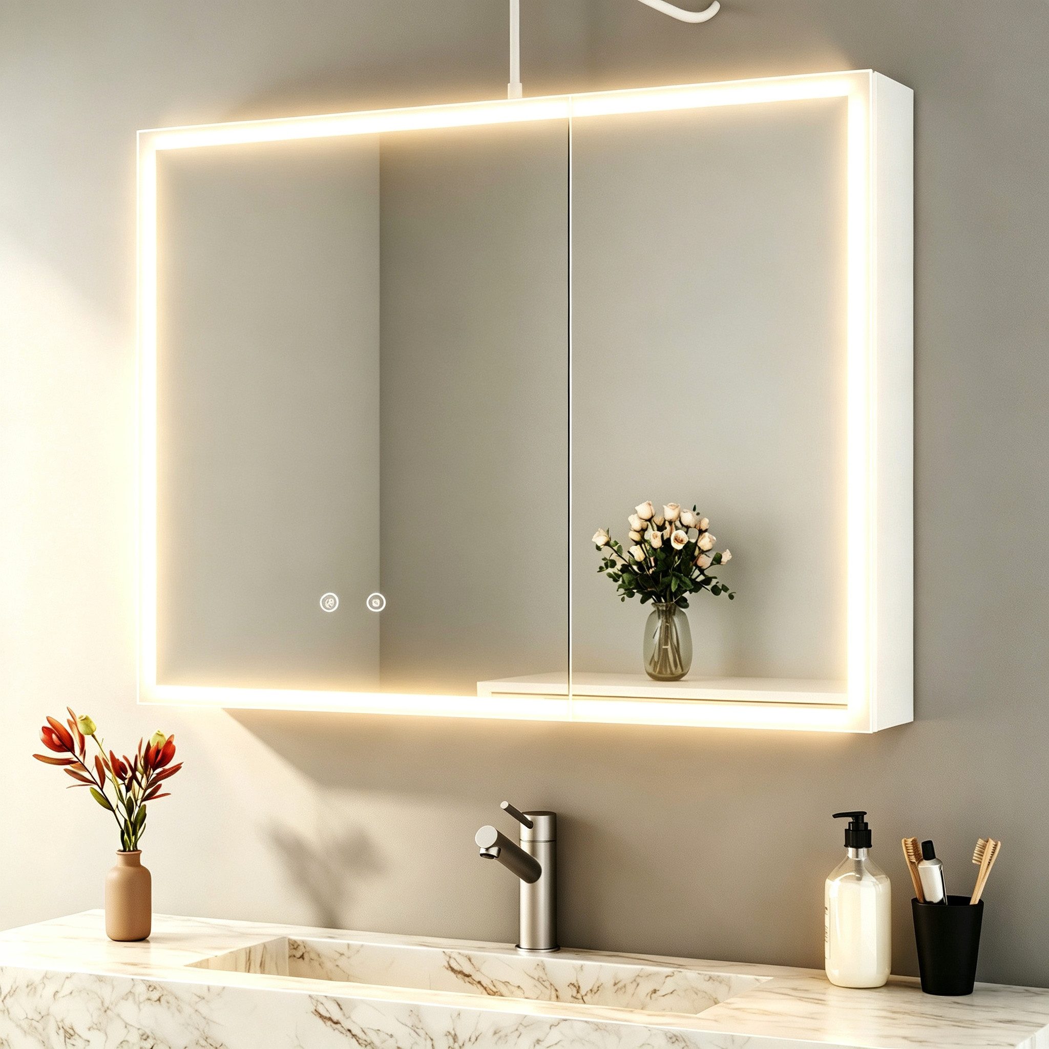 WDWRITTI Spiegelschrank Weiß Metall Badezimmerspiegelschrank mit Beleuchtung 80x60cm (Badschrank Weiss matt 2-türig, mit innen spiegel) Lichtfarben & Helligkeit einstellbar, mit Netzstecker, vormontiert