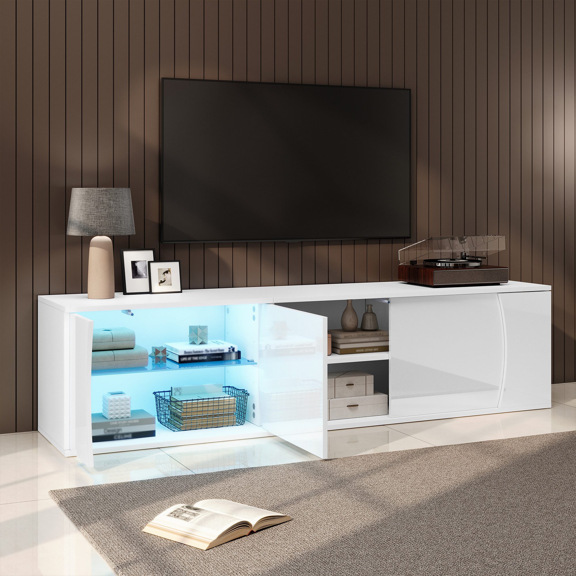 MODFU TV-Schrank Lowboard 180 cm in Hochglanz mit LED-Beleuchtung (Packung, 1-St., 3 Türen, Maße 180x40x45 cm, Glas) Stabiler TV-Ständer für Geräte bis 80 Zoll