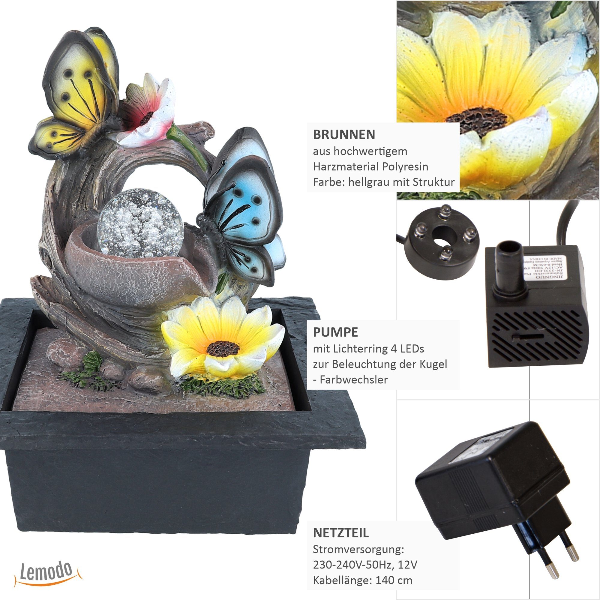 Lemodo Zimmerbrunnen Motiv-Tischbrunnen mit Pumpe und Beleuchtung, LED-Bele günstig online kaufen