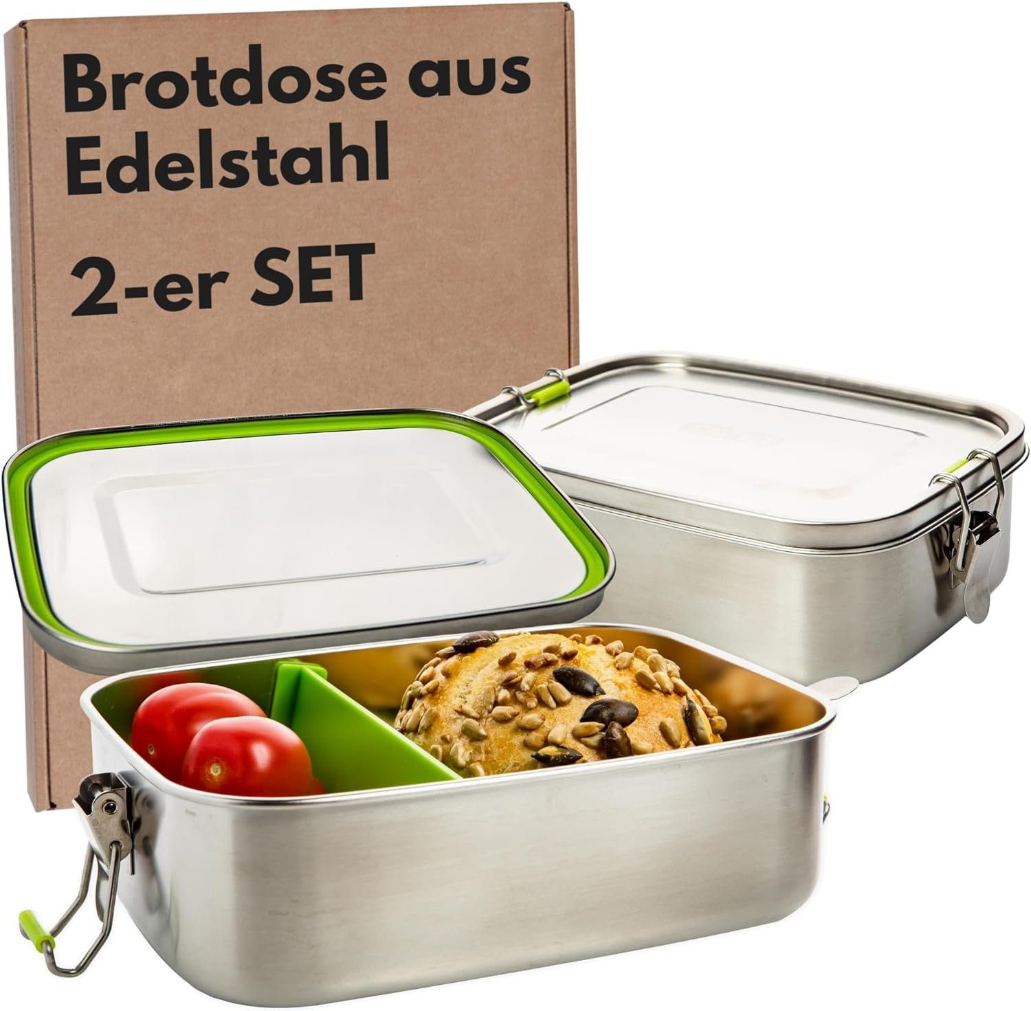 Centi Lunchbox Brotdose aus Edelstahl, Brotdose mit Fächern und Verschluss, Edelstahl, (Spar Set, 2-tlg., 14T x 20B x 6H cm 1 Liter), Brotdose für Erwachsene und Kinder, Brotzeitbox, Brotbüchse