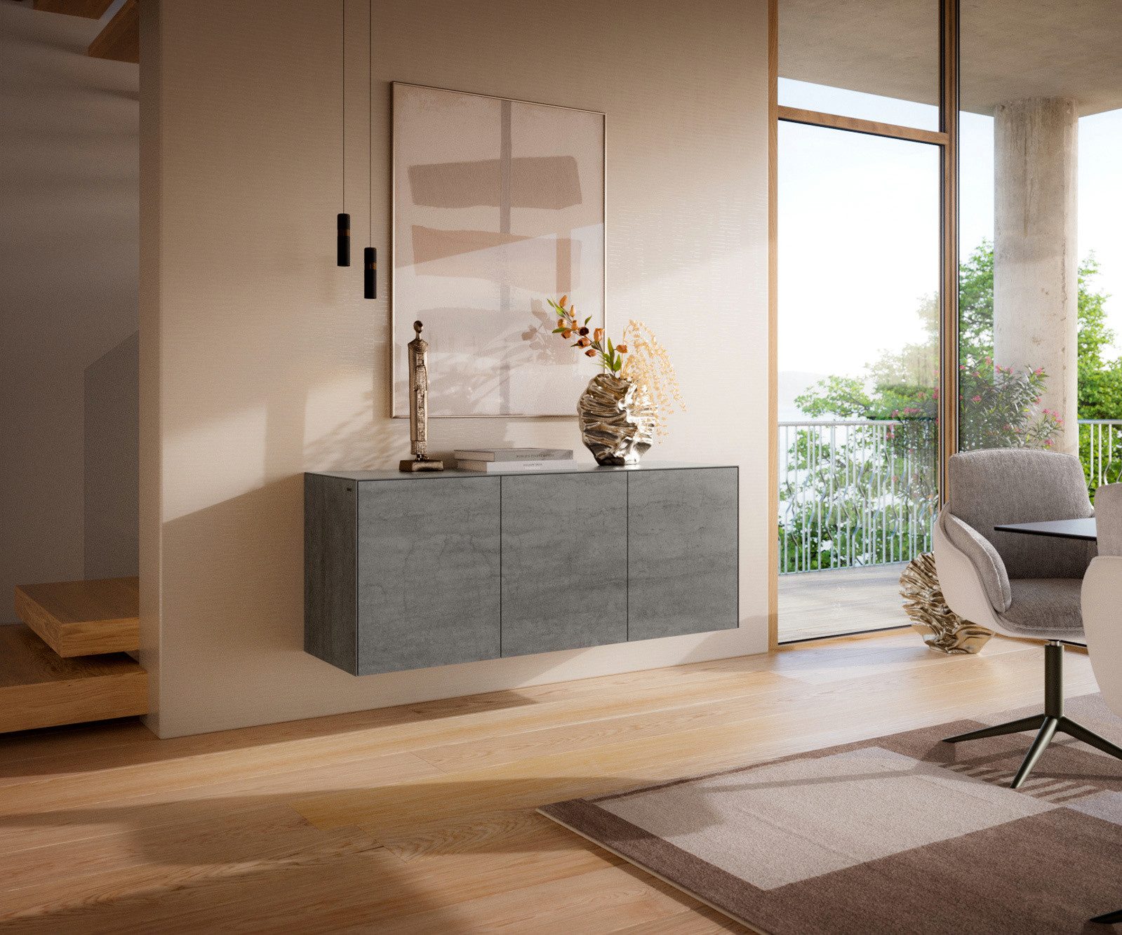 DELIFE Sideboard Cuor, Keramik Beton Grau 150 cm 3 Türen Schwebend Sideboard