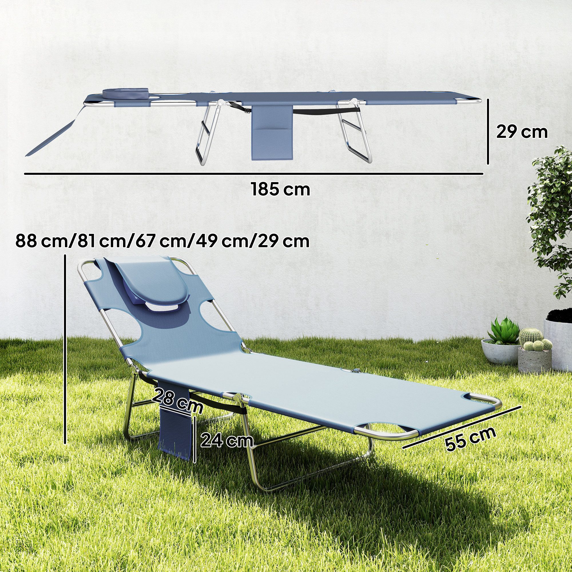 Outsunny Gartenliege mit Lesefenster, Kopfkissen, 5-Fach verstellbare Rückenlehne, Sonnenliege klappbar, 1 St., wetterfeste Liegestuhl, bis 120 kg belastbar, für Garten Strand Pool, Grau