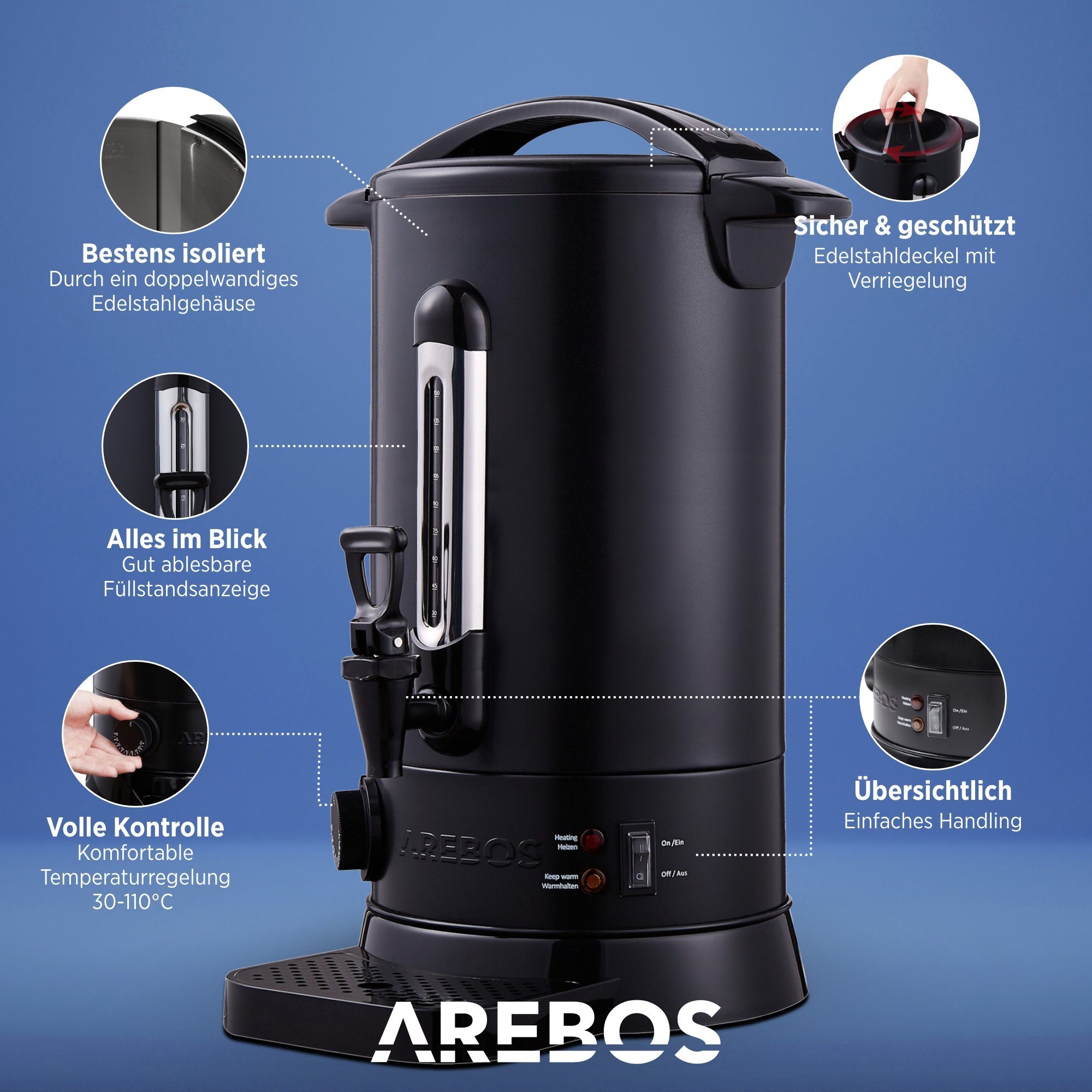 3 W Arebos Überhitzungsschutz, 30-110°C, L, Einkoch- Glühweinautomat 20 Temperatureinstellung schwarz 1650,00 Farben, und