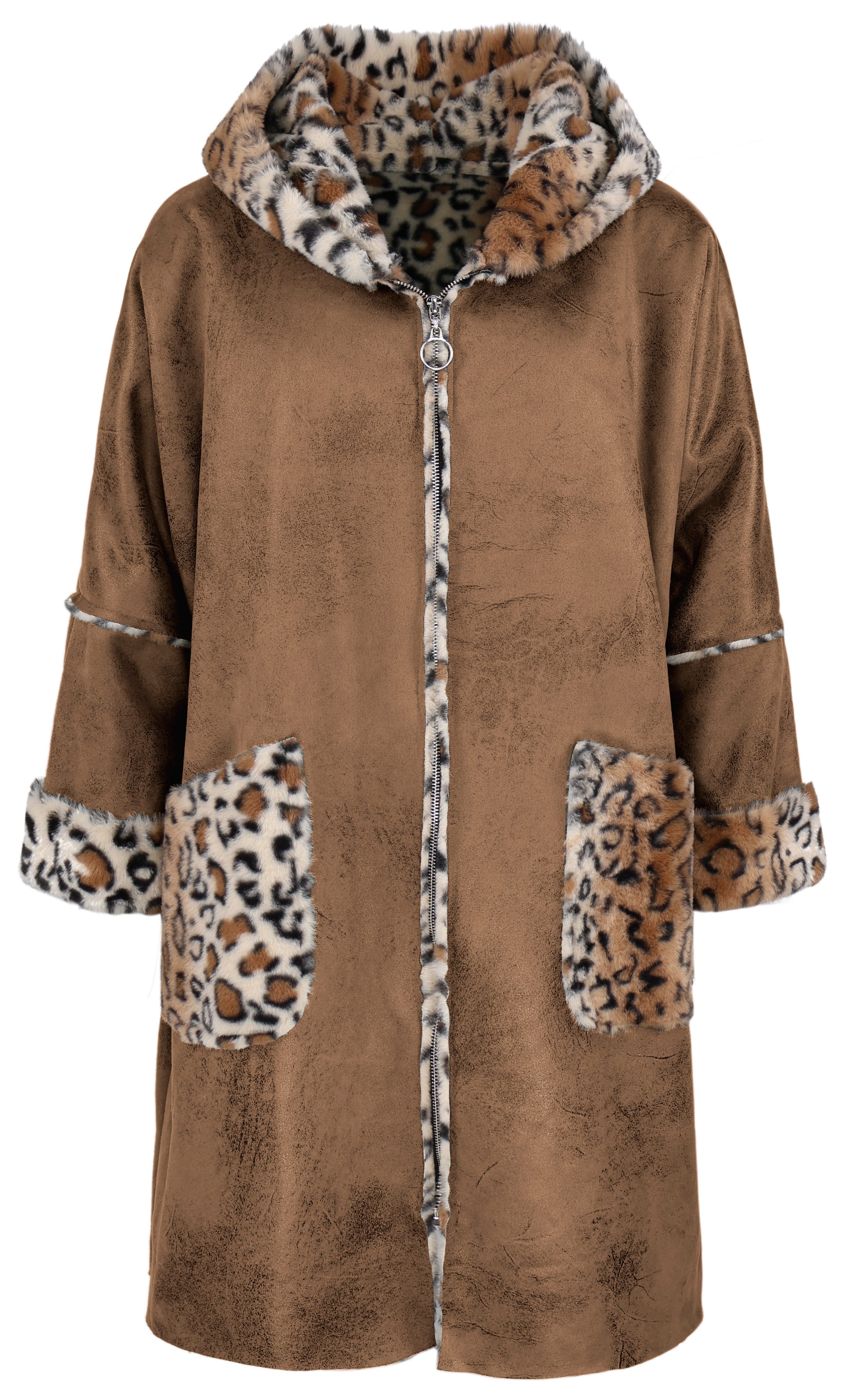 dy_mode Lederimitatmantel Damen Kunstledermantel Oversize Longjacke mit Leomuster Mantel mit Kapuze, im Leo-Print