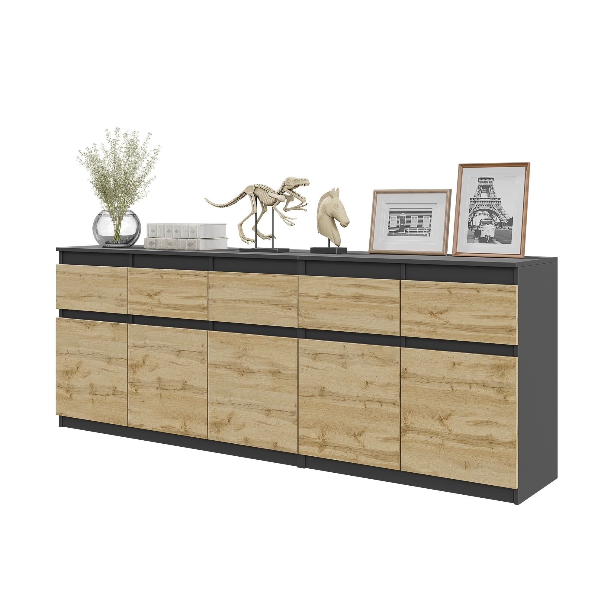 Furnica Kommode NOAH, 5 Schubladen und 5 Türen - Anthrazit Grau H75cm B200cm T35cm