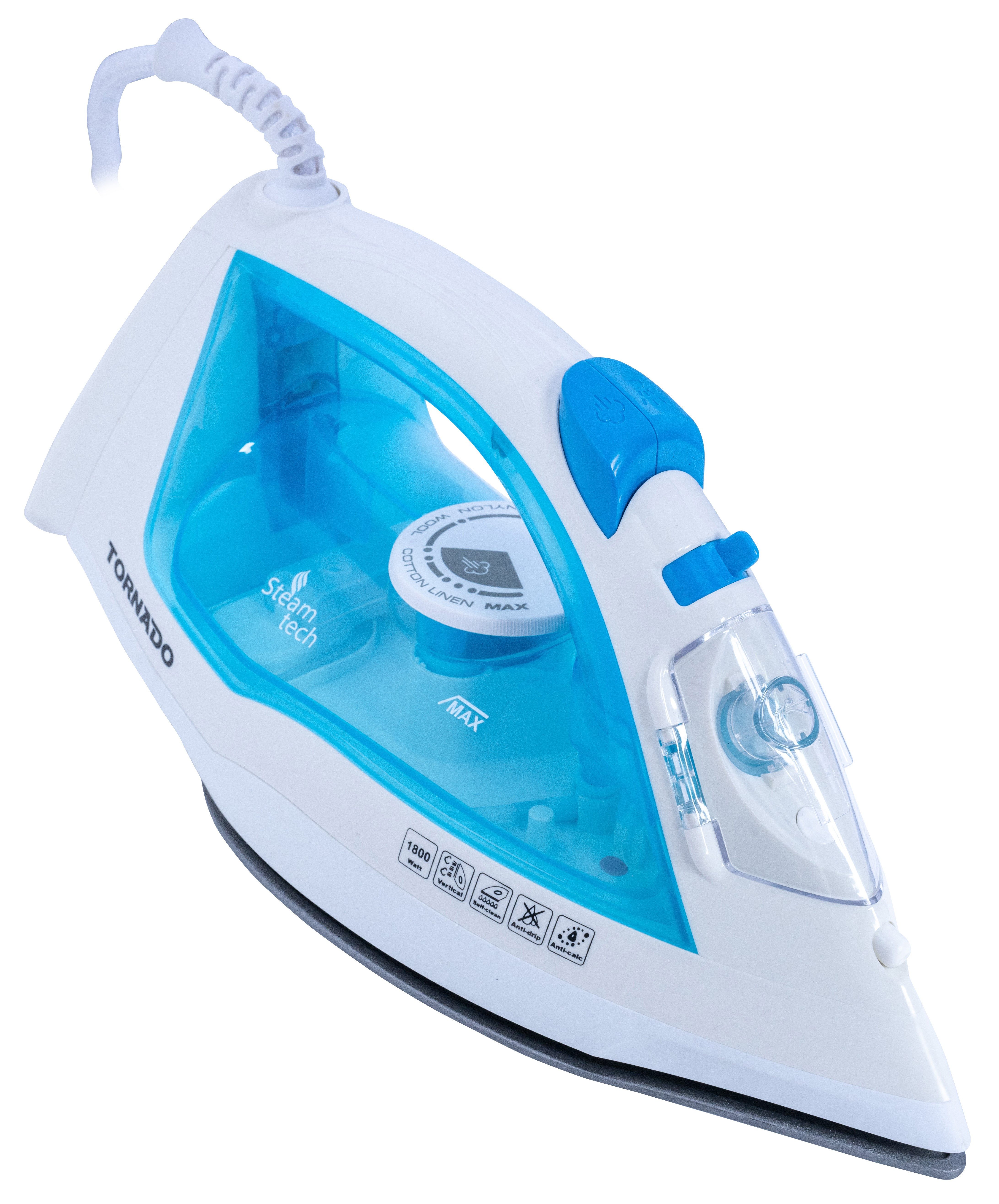 Tornado Dampfbügeleisen Bügeleisen TST-1800B Blau/Weiß 300ml Fassungsvermögen, 1800,00 W, kontinuierliche Dampfabgabe, 160 g Dampfstoß, kratzfest