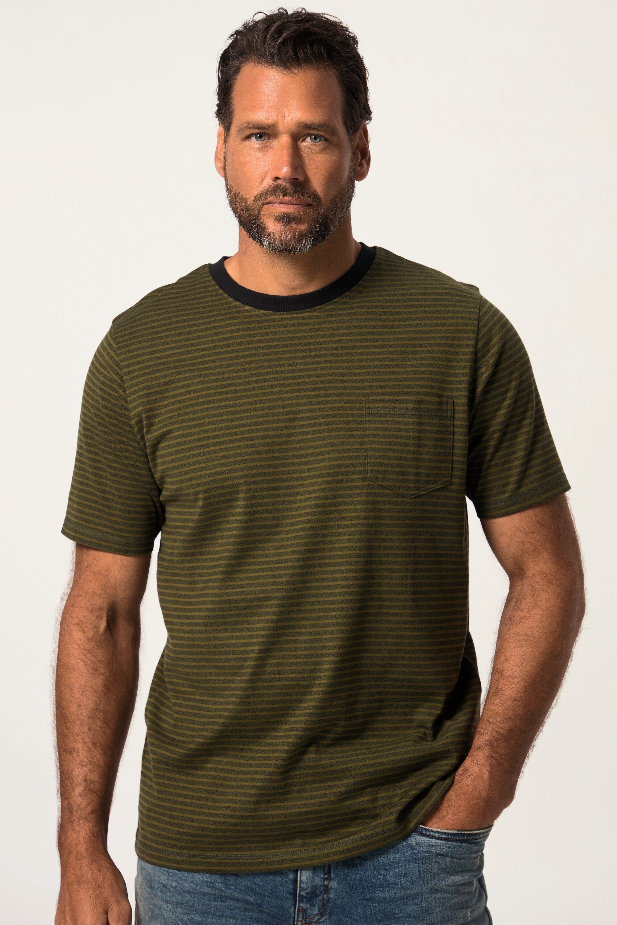 JP1880 T-Shirt T-Shirt Halbarm Ringel Rundhals Schwarz bis 8 XL moosgrün