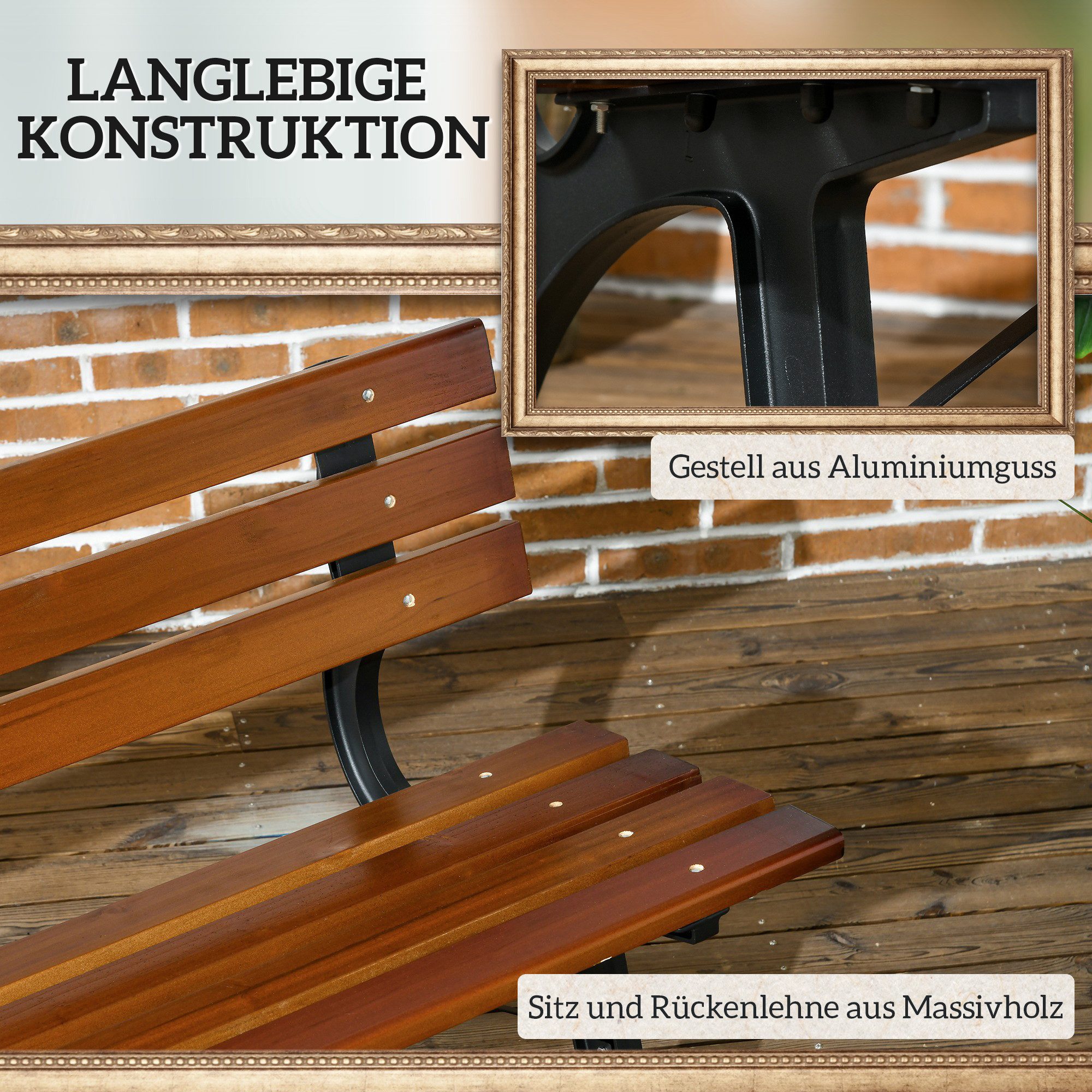 Outsunny Gartenbank Friesenbank, Holzbank, für Garten, Balkon (Sitzbank, 1-St., Parkbank mit Rückenlehne), max. 240 kg, Kaffee, 120 x 57 x 70 cm – Bild 5 von 5