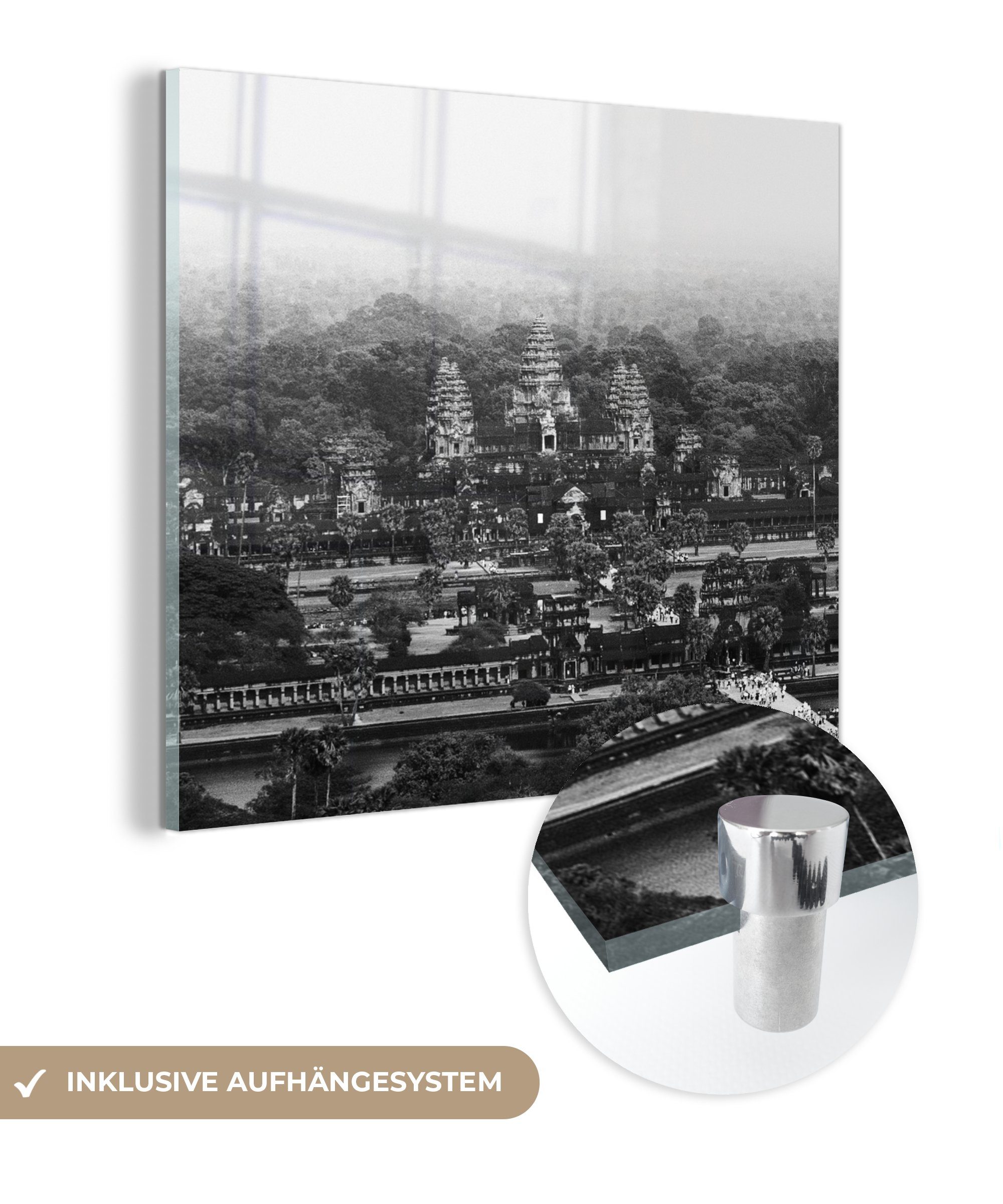 MuchoWow Acrylglasbild Angkor Wat von oben in schwarz-weiß, (1 St), Glasbilder - Bilder auf Glas Wandbild - Foto auf Glas - Wanddekoration