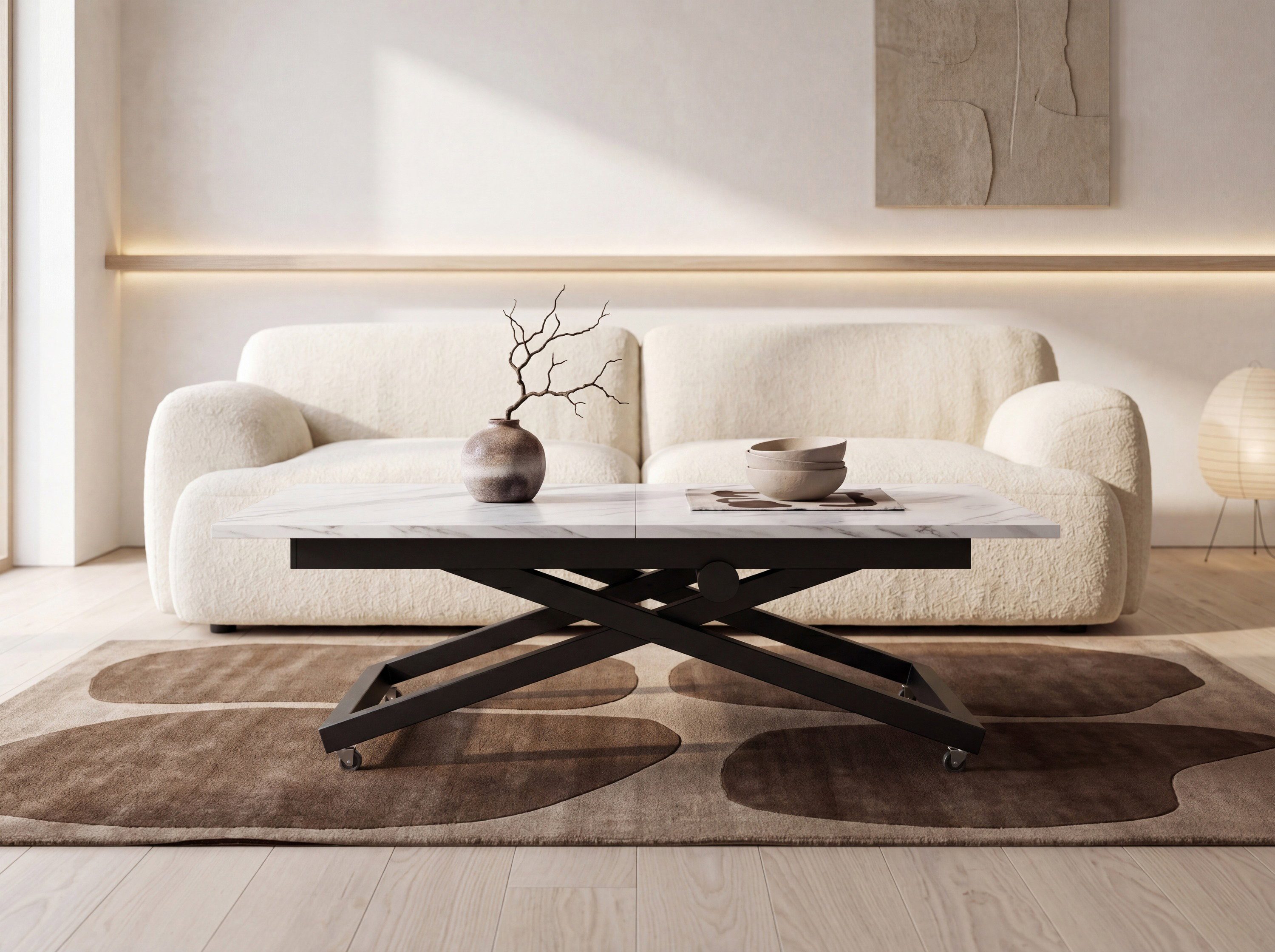 WFL GROUP Couchtisch Axen Ausziehbarer Höhenverstellbarer Couchtisch mit X-Metallgestell (MADE IN EU, 120 x 80 cm ausziehbar auf 160 cm, höhenverstellbar von 38 bis 75 cm), Multifunktional Rechteckiger Wohnzimmertisch mit Rollen