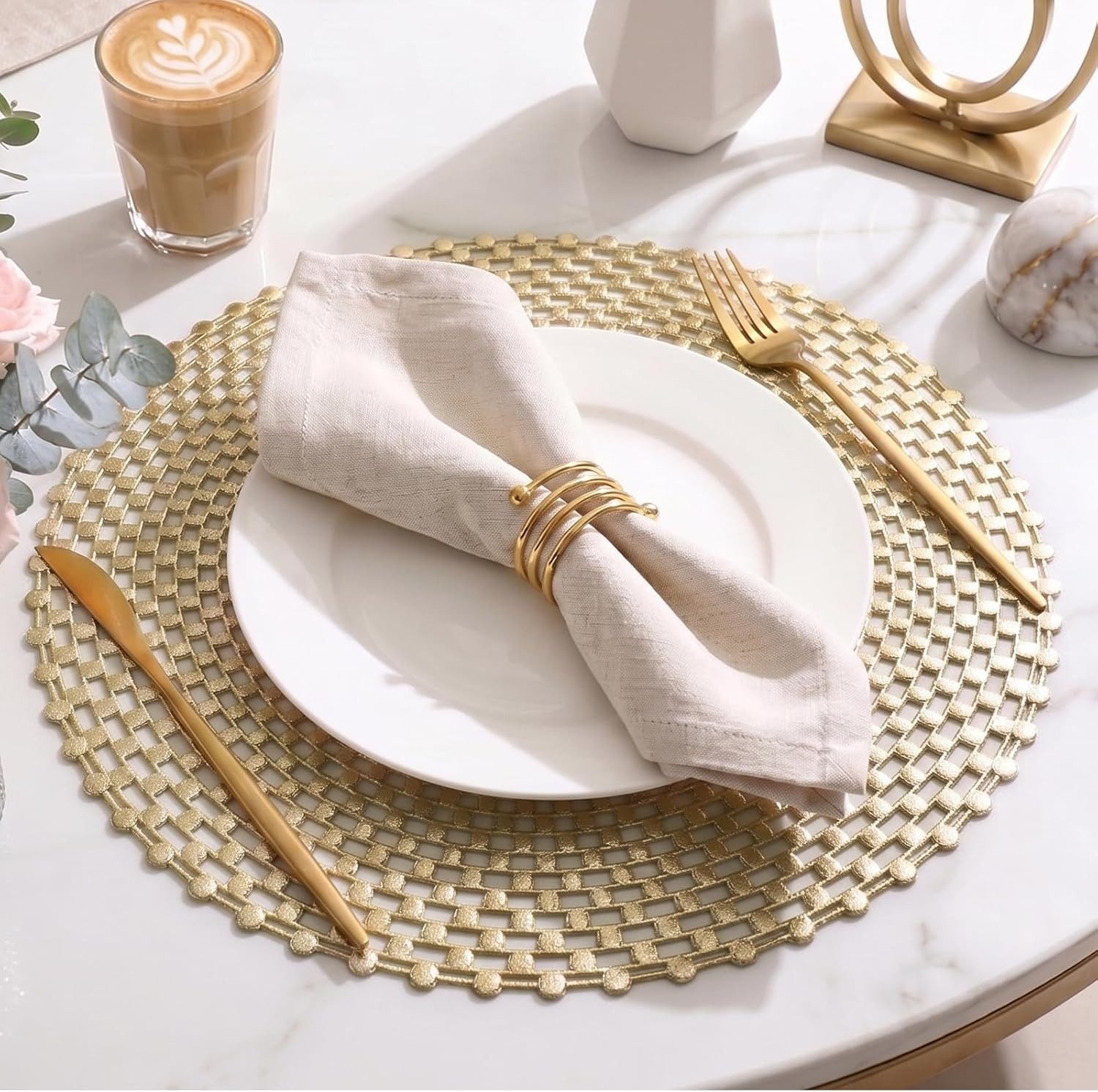 FELIXLEO Platzset 6 Runde Platzsets Gold Spiral Abwaschbar 38 cm Tischdeko Deko, (1-St)