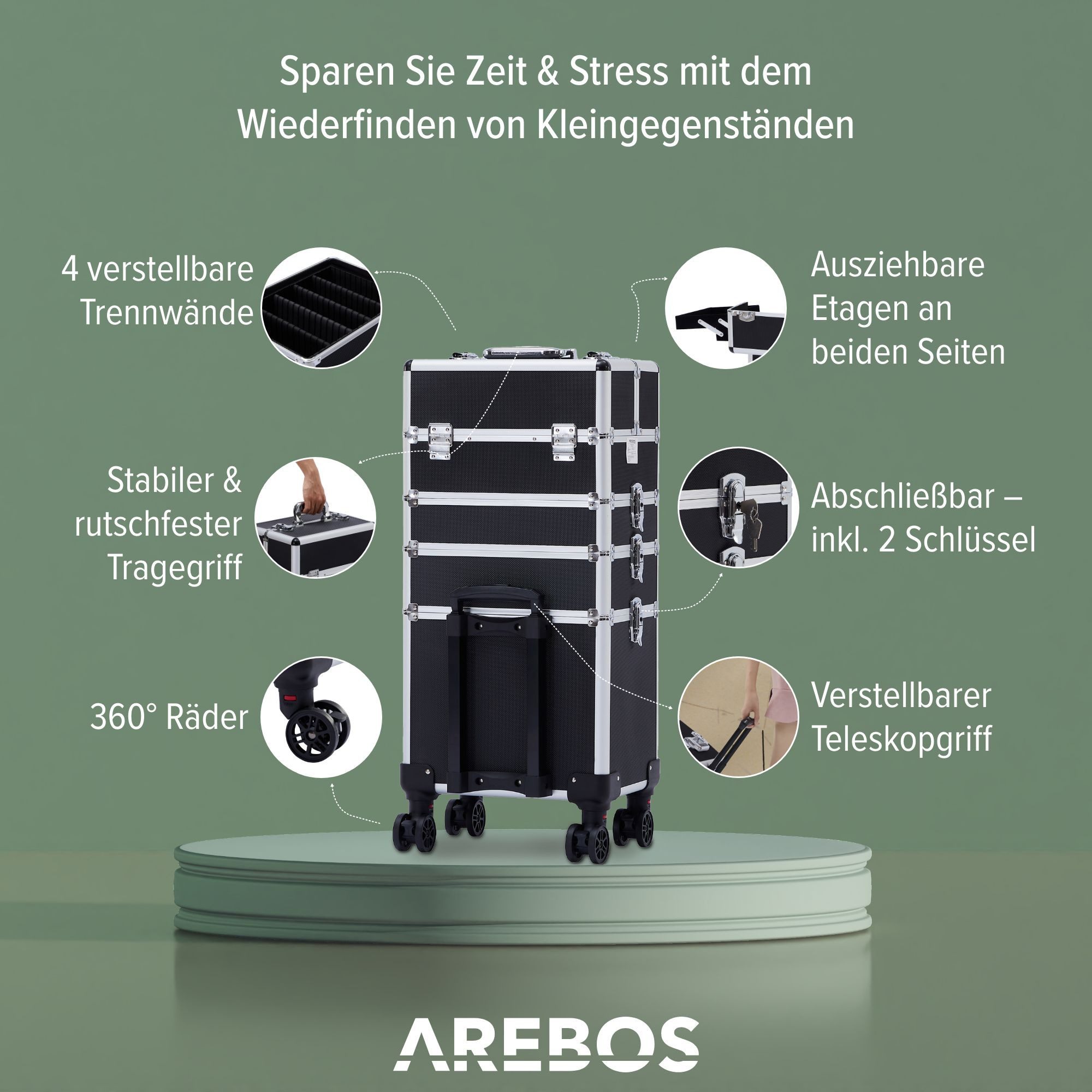 Arebos Kosmetikkoffer Schminkkoffer Beautykoffer Pilotenkoffer Friseurkoffer XL, Maße: 35 x 25 x 75 cm – Bild 3 von 5