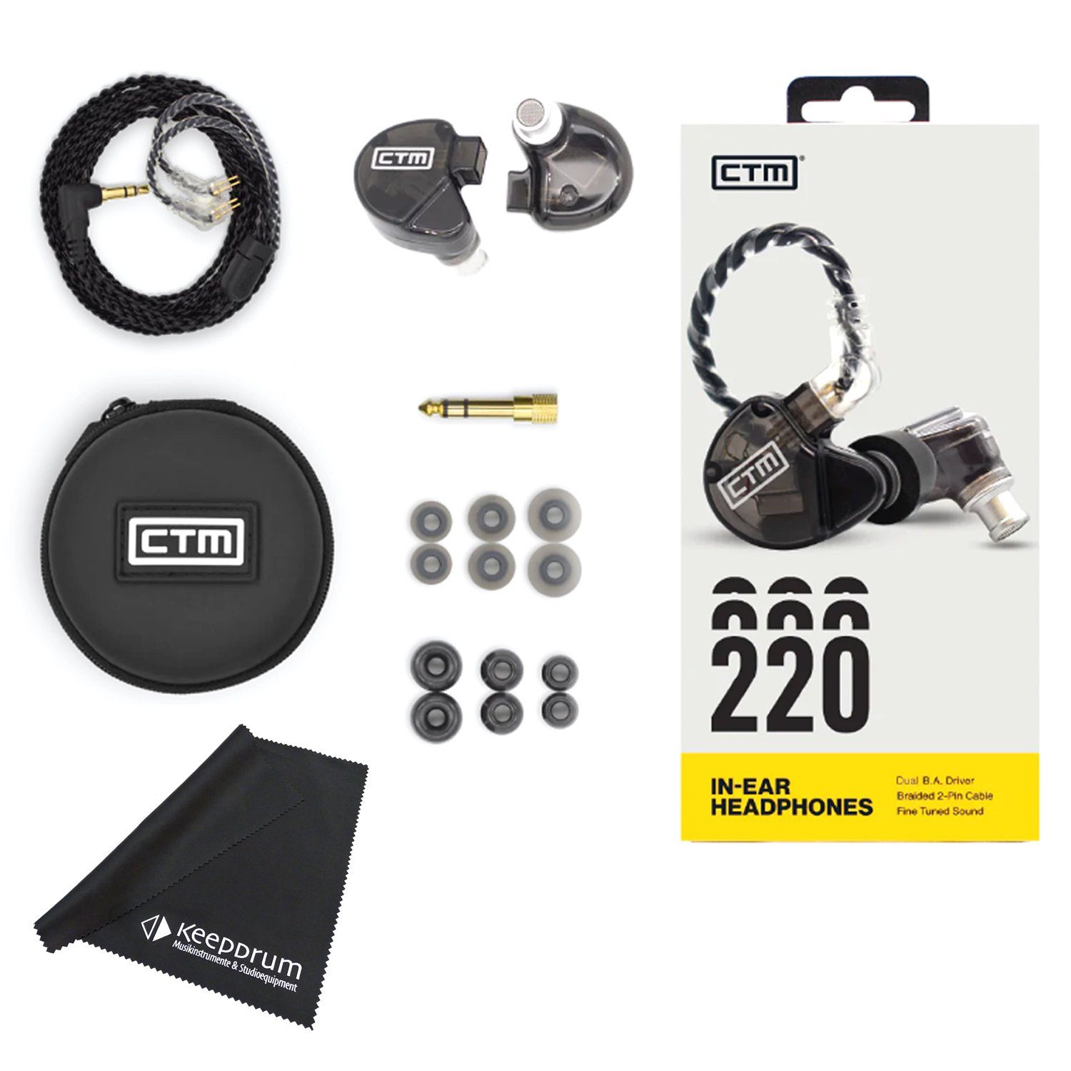 CTM Audio CTM CE220 In Ear Monitor-Kopfhörer Grau mit Tuch In-Ear-Kopfhörer (Voller Sound, Präzision, nicht zutreffend, Kabelgebunden)