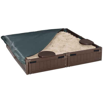 Outsunny Sandkasten Sandbox 4 Sitzer mit Bodenplane, Abdeckplane, (Sandspiel, 1-tlg., Sandkiste), für 3-12 Jahre Kinder