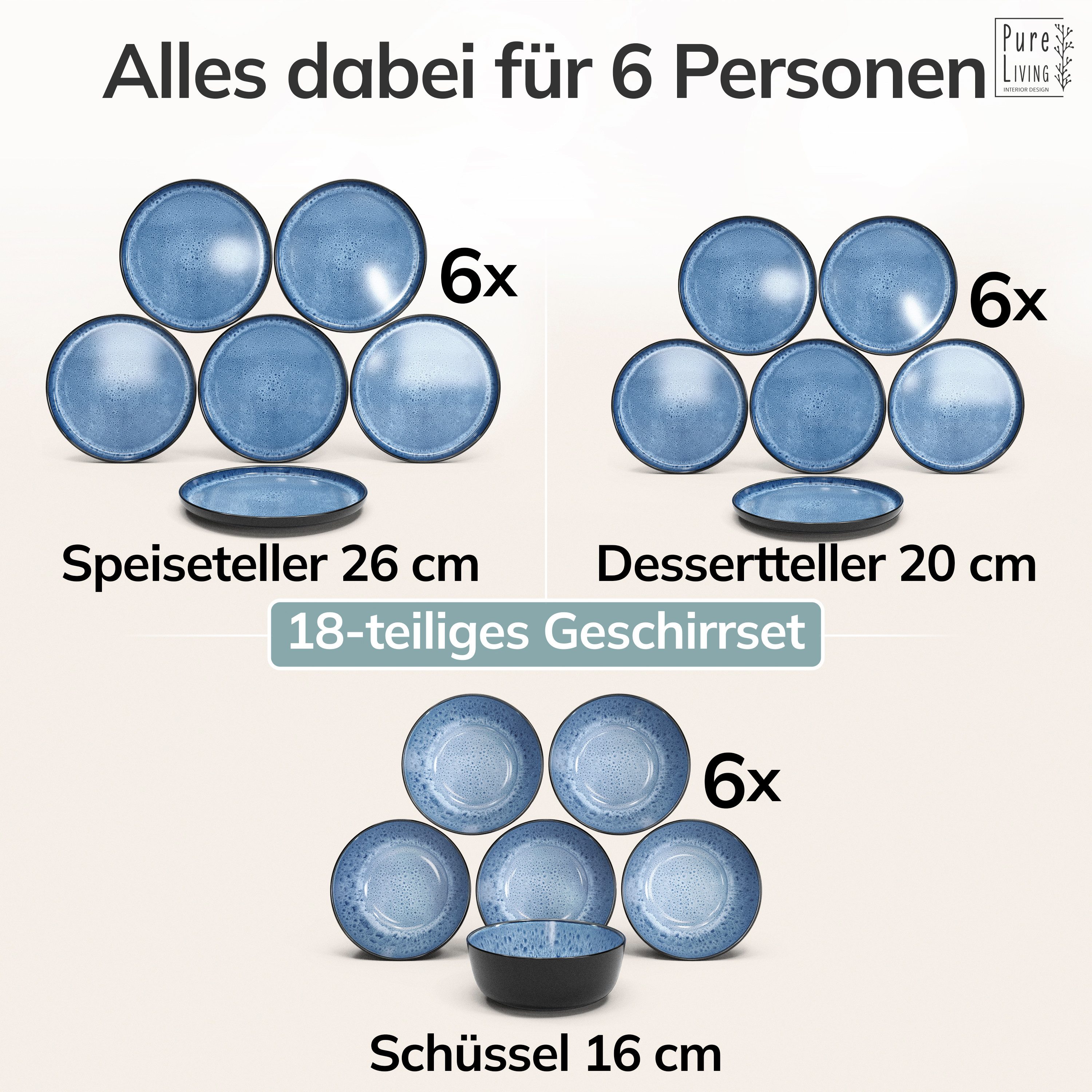 PURE LIVING INTERIOR DESIGN Geschirr-Set Ibiza aus Steingut, 18-tlg., für 6 Personen, Tiefblau (18-tlg), 6 Personen, Steingut – Bild 5 von 5