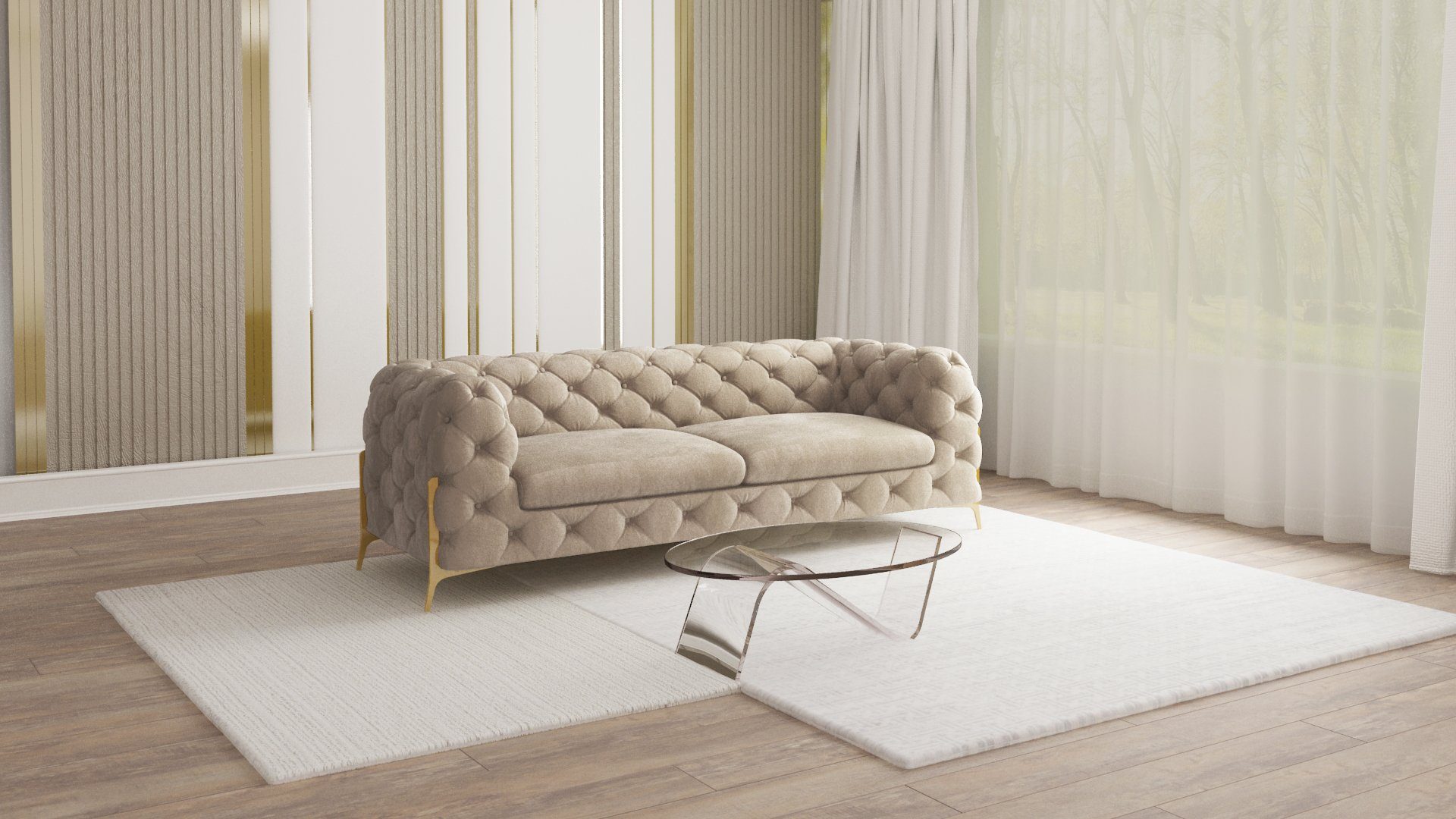 Metall Füßen, Dunkle Möbel 3-Sitzer Goldene Creme Ashley Chesterfield mit S-Style mit Sofa Wellenfederung