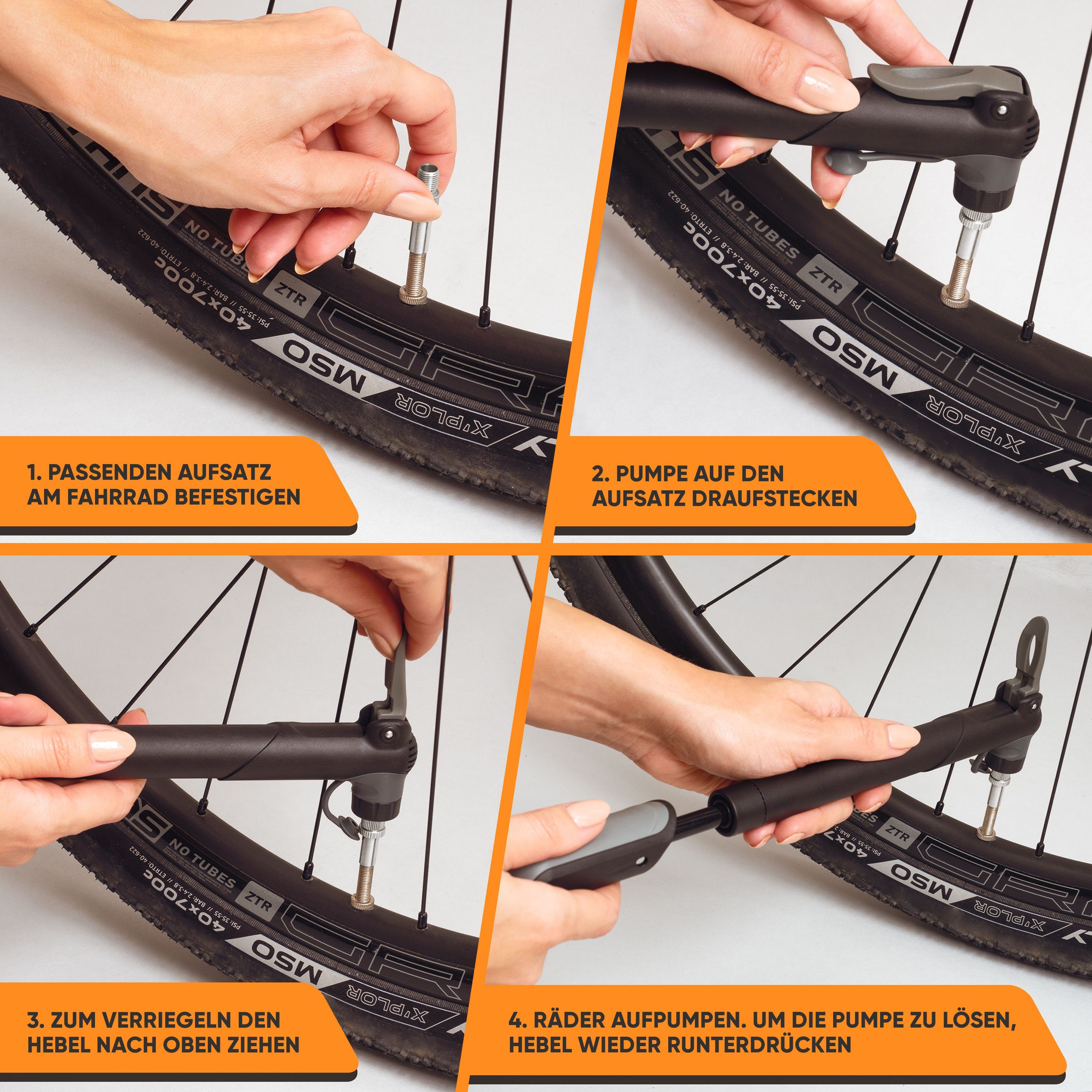 Villkin Fahrradpumpe, kleine Luftpumpe, Ballpumpe, Reifenpumpe, Handpumpe (22,5cm) (4-tlg., Befestigung für Fahrrad vorhanden), mehrere Adapter – Bild 4 von 5