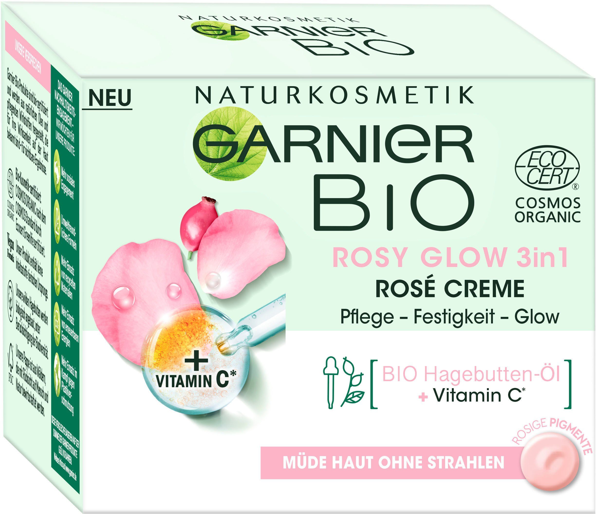 GARNIER Feuchtigkeitscreme Rosy Glow 3in1 Rosé, auch für empfindliche Haut, mit Vitamin C und Hagebutten-Öl