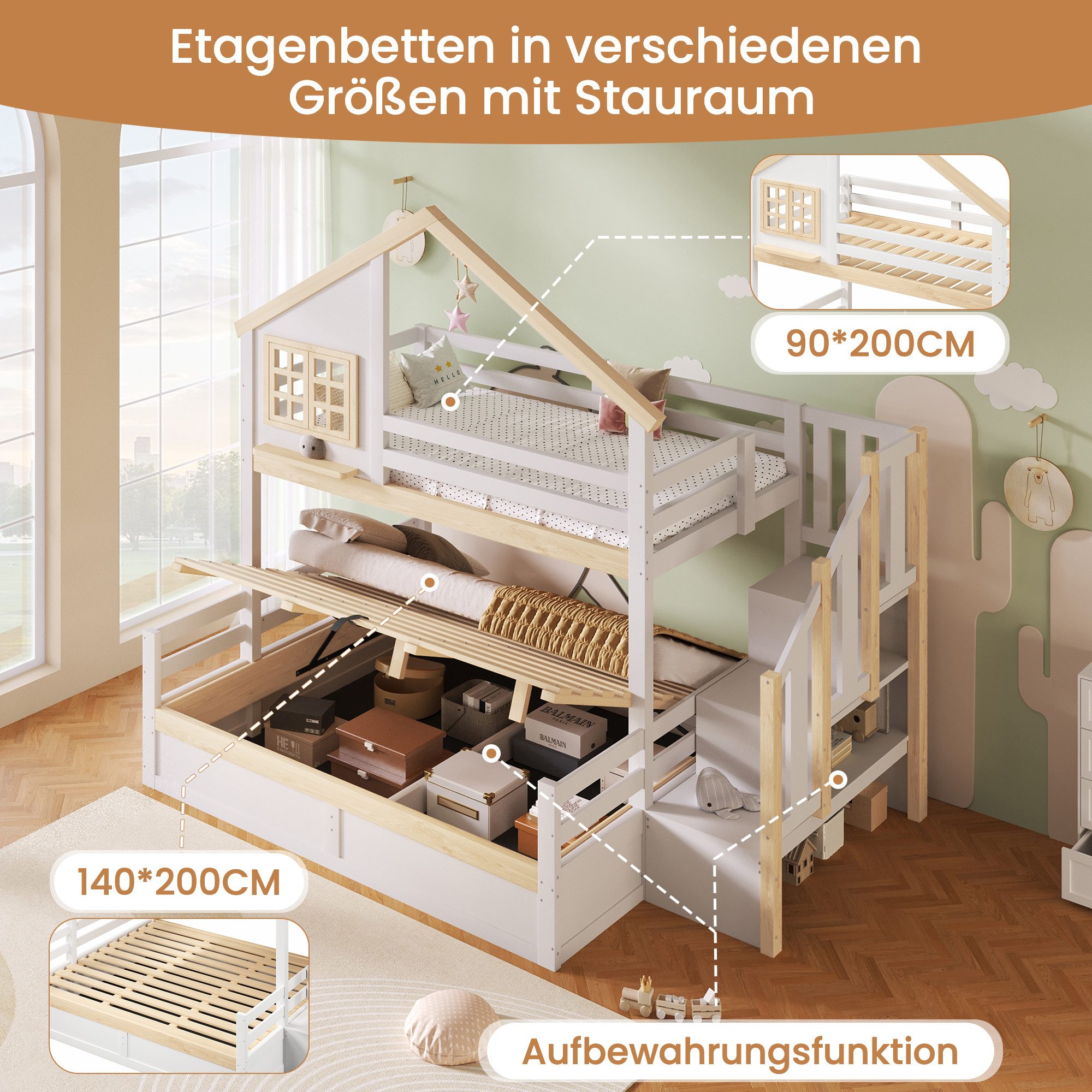 Merax Etagenbett 90x200 & 140x200 cm mit Hausdesign (1-St., Jugendbett Doppelbett Stockbett Spielbett mit Fensteroptik), Kiefernholz Kinderbett mit hydraulische – Bild 5 von 5