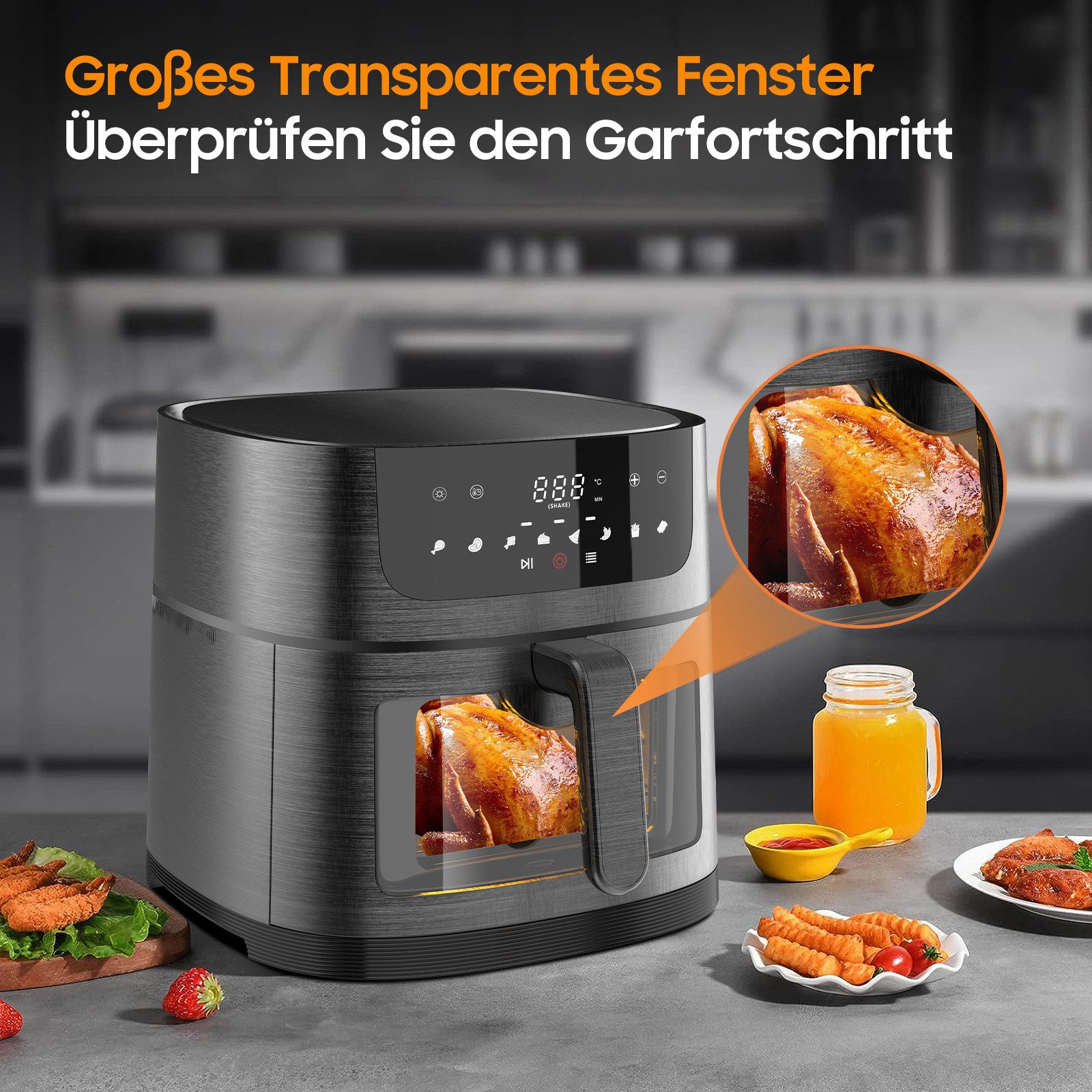 AIMAX Heißluftfritteuse AF‑ZE8007 XXL Airfryer 9L, 8 Prog., Sichtfenster, 200°C, 1800 W, Touch-Bedienung, spülmaschinenfest, Rezept