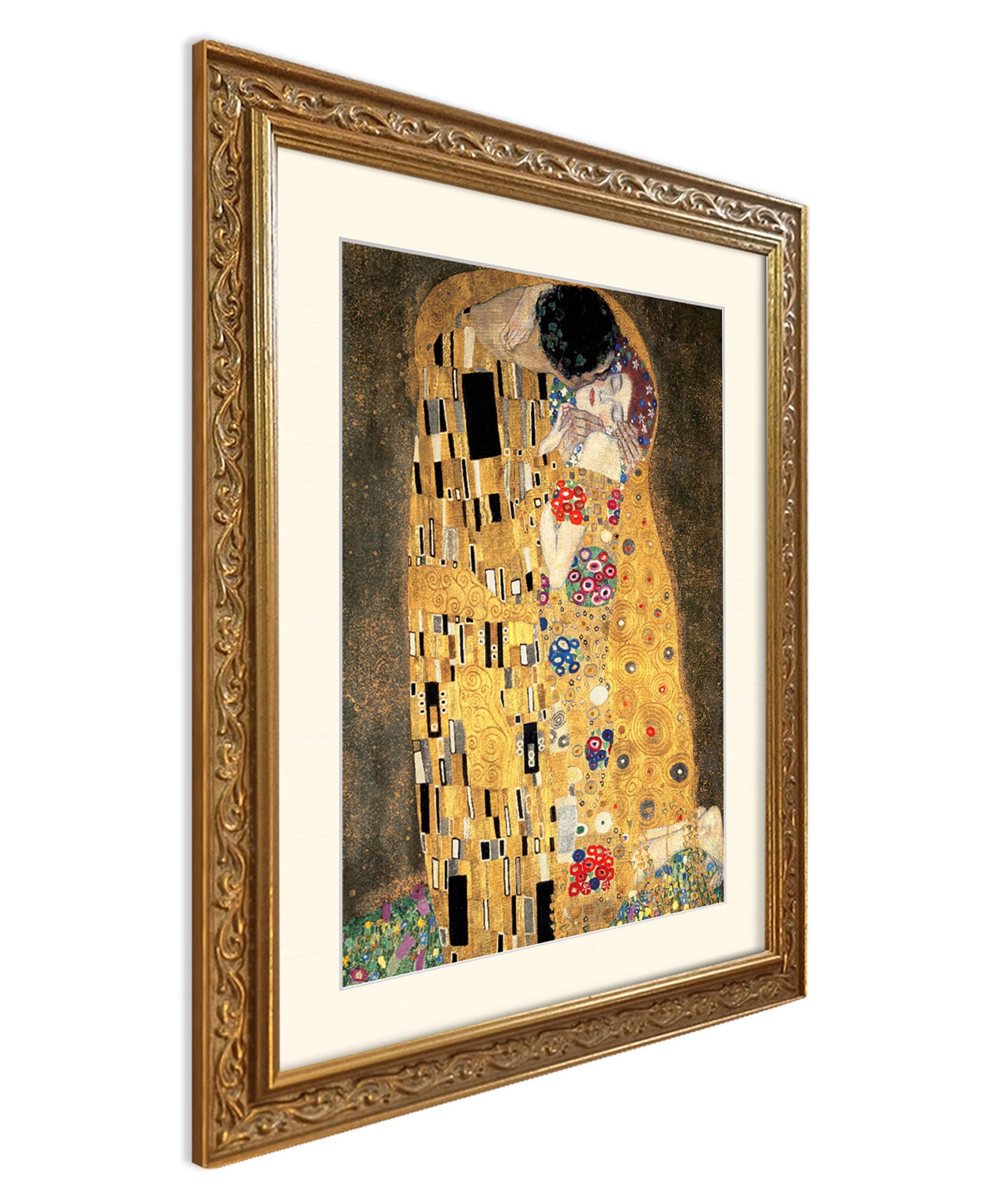 artissimo Bild mit Rahmen Wandbild gerahmt 53x63 cm Kunstdruck mit Passepartout & Barock-Rahmen, Gustav Klimt: Der Kuss Detail