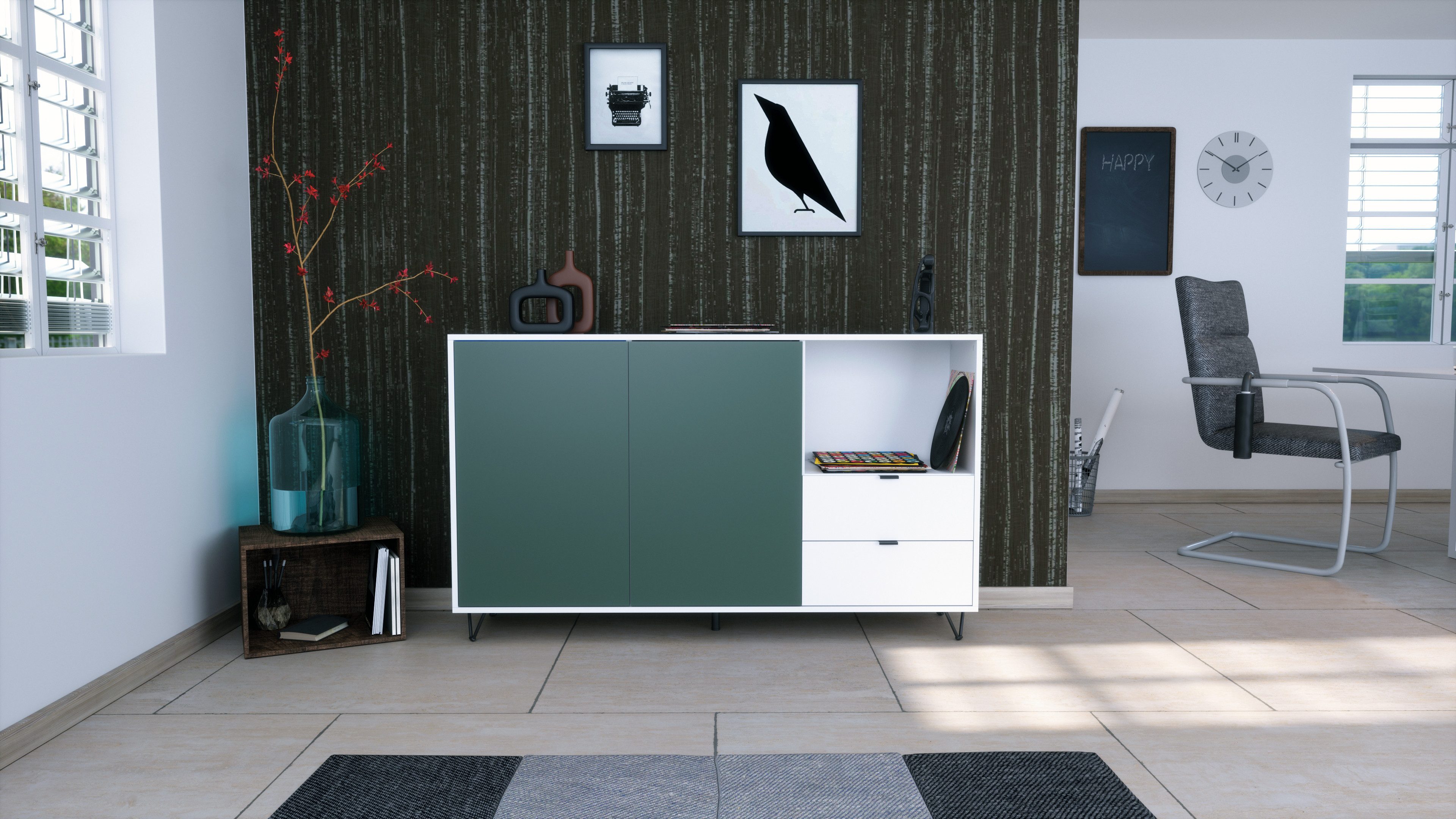 Vladon Sideboard Marino (Kommode mit 2 Türen Fjord Grün, 2 Schubladen Weiß matt, Made in Germany), Korpus Weiß matt (152,5 x 90,5 x 37 cm)