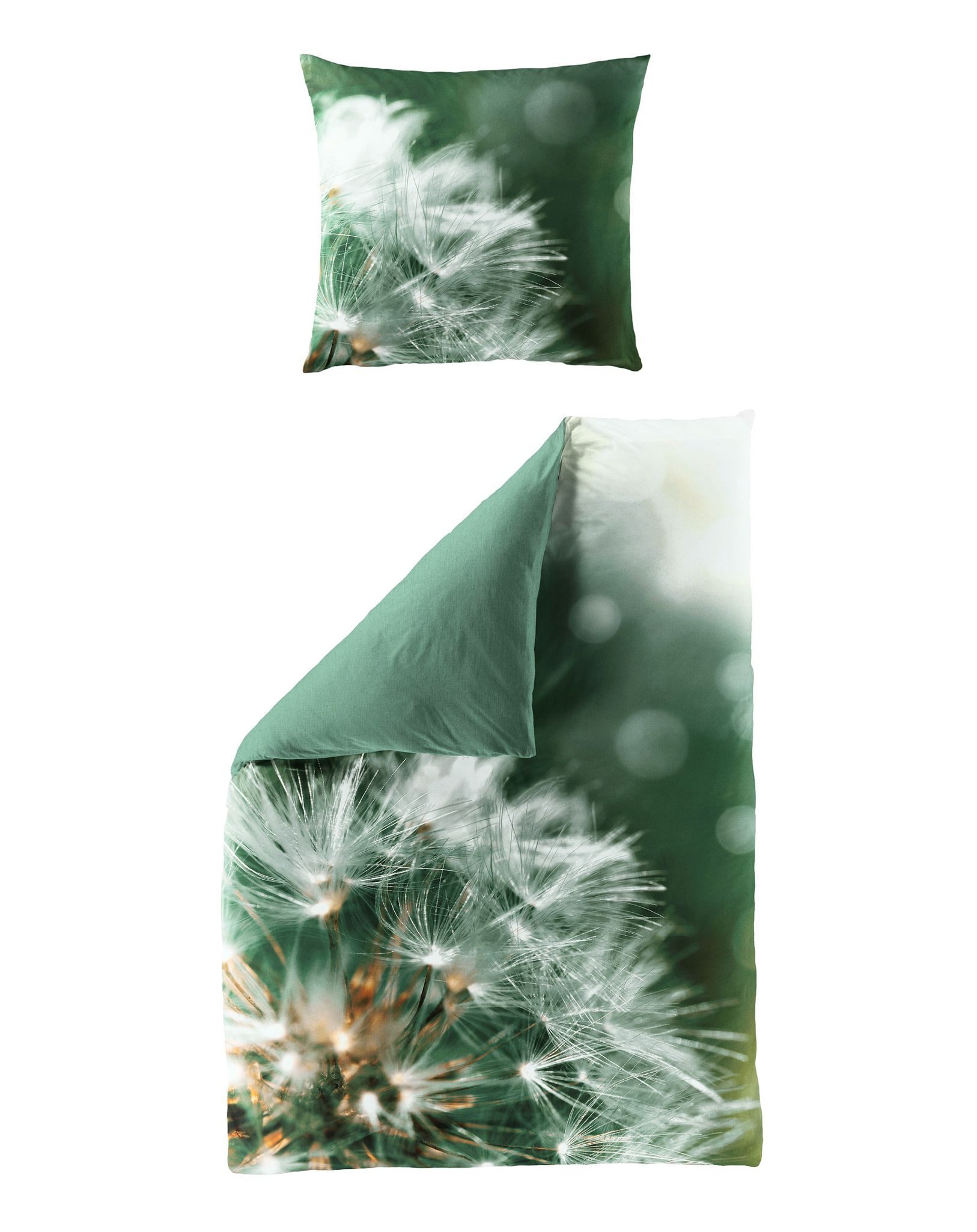 JACK Wendebettwäsche 135x200cm Digitaldruck Pusteblume Grün Bierbaum, Satin, 2 teilig, seidiger Glanz, elegantes Motiv in Olive