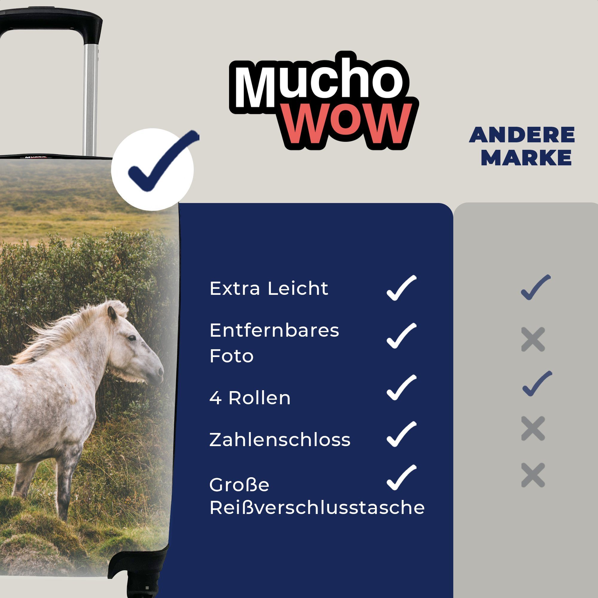 rollen, MuchoWow Reisetasche Trolley, - Gras Handgepäckkoffer Reisekoffer Handgepäck Weiß, für Rollen, - mit 4 Ferien, Pferd
