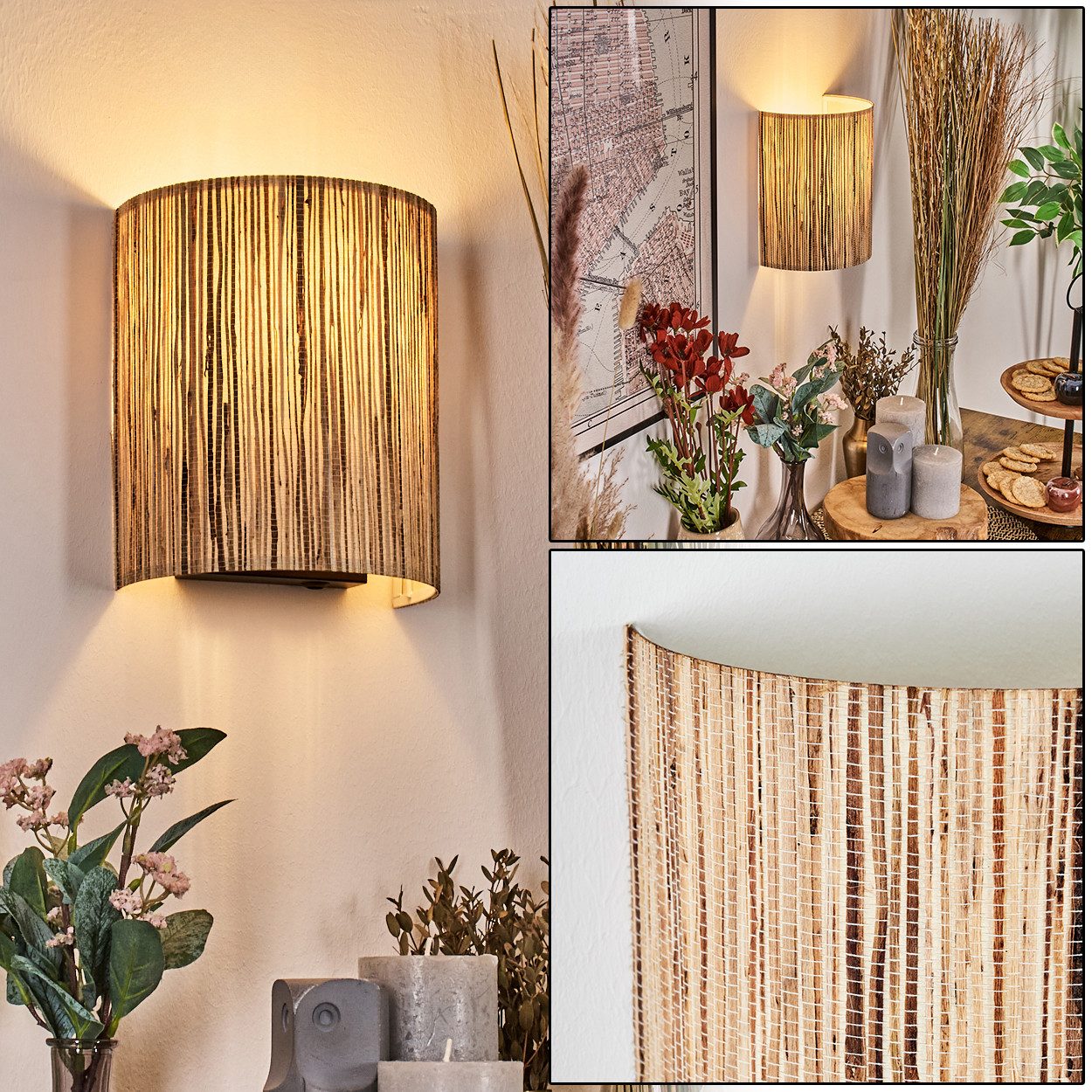 hofstein Wandleuchte Wandlampe aus Metall/Seegras in Schwarz/Weiß/Natur/hell/Grau, Leuchte im Boho-Design mit Lichteffekt und Schalter am Kabel, E27