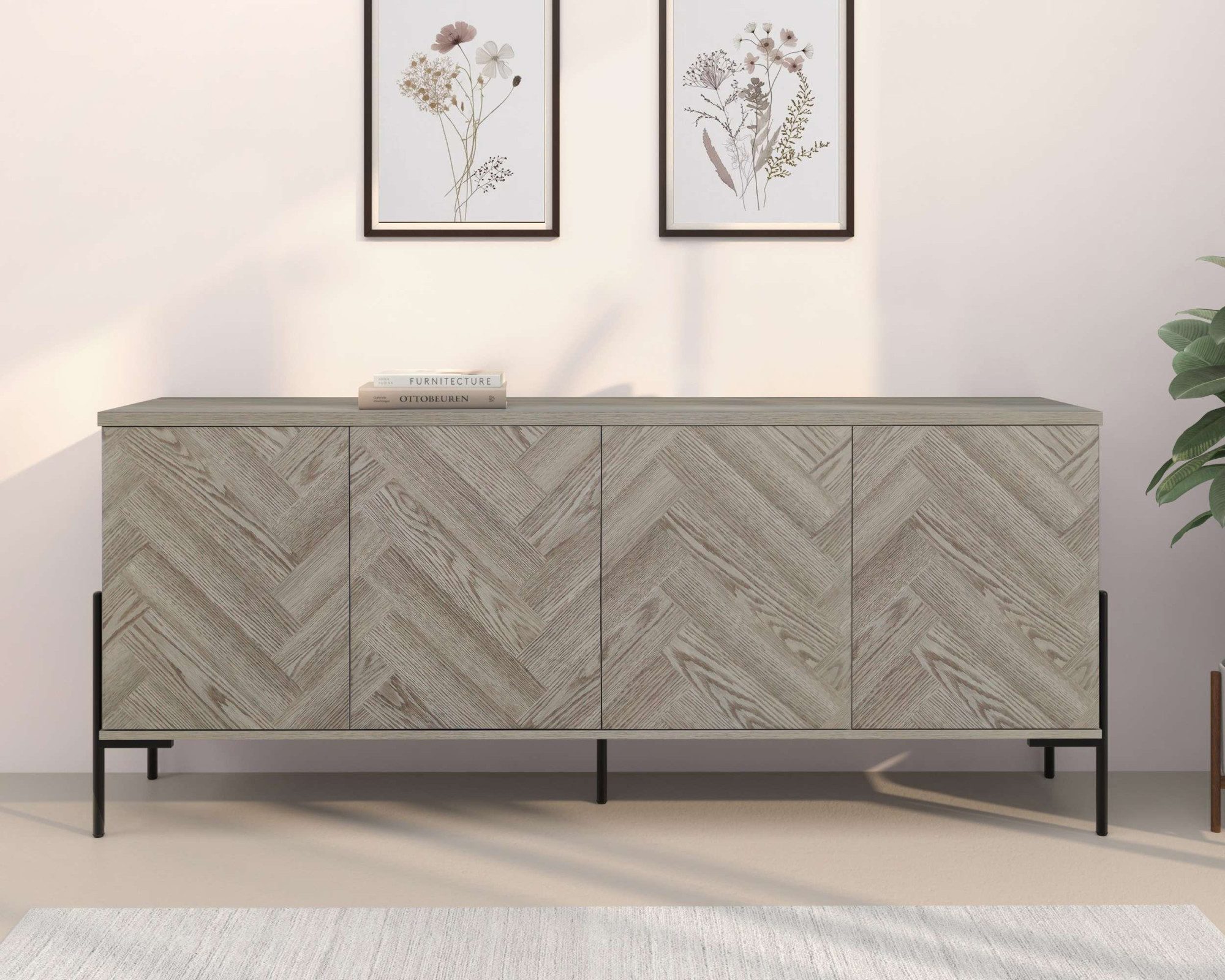 Leonique Sideboard Eadwine, Kommode, Push-to-open, Türen mit Fischgräten Muster, Breite 175 cm