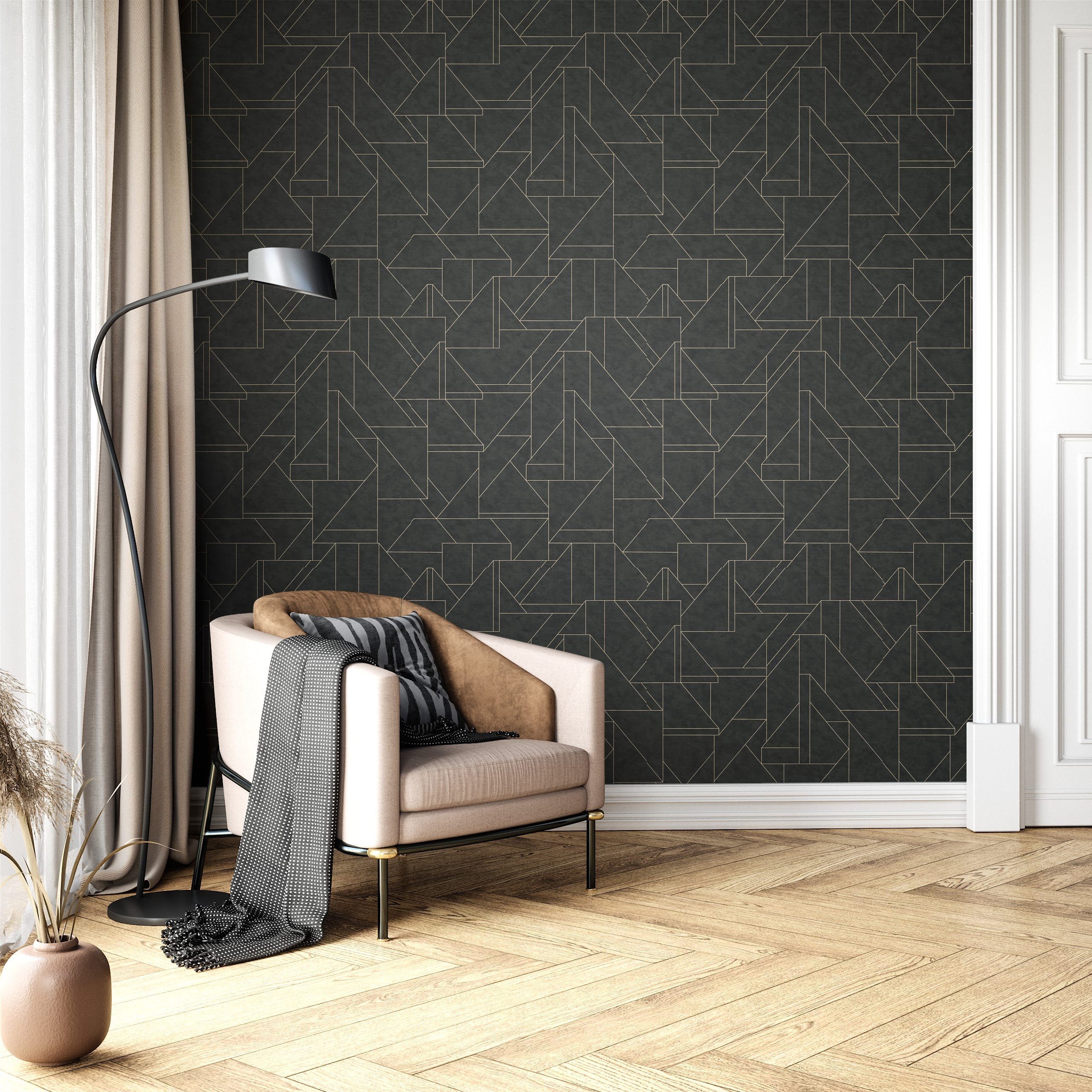 Newroom Vliestapete, Anthrazit Tapete Modern Geometrische Muster - Mustertapete Retro Dunkelgrau Gold Grafisch Geometrisch Linien Leicht glänzend für Wohnzimmer Schlafzimmer Küche, Mustertapete, Retro