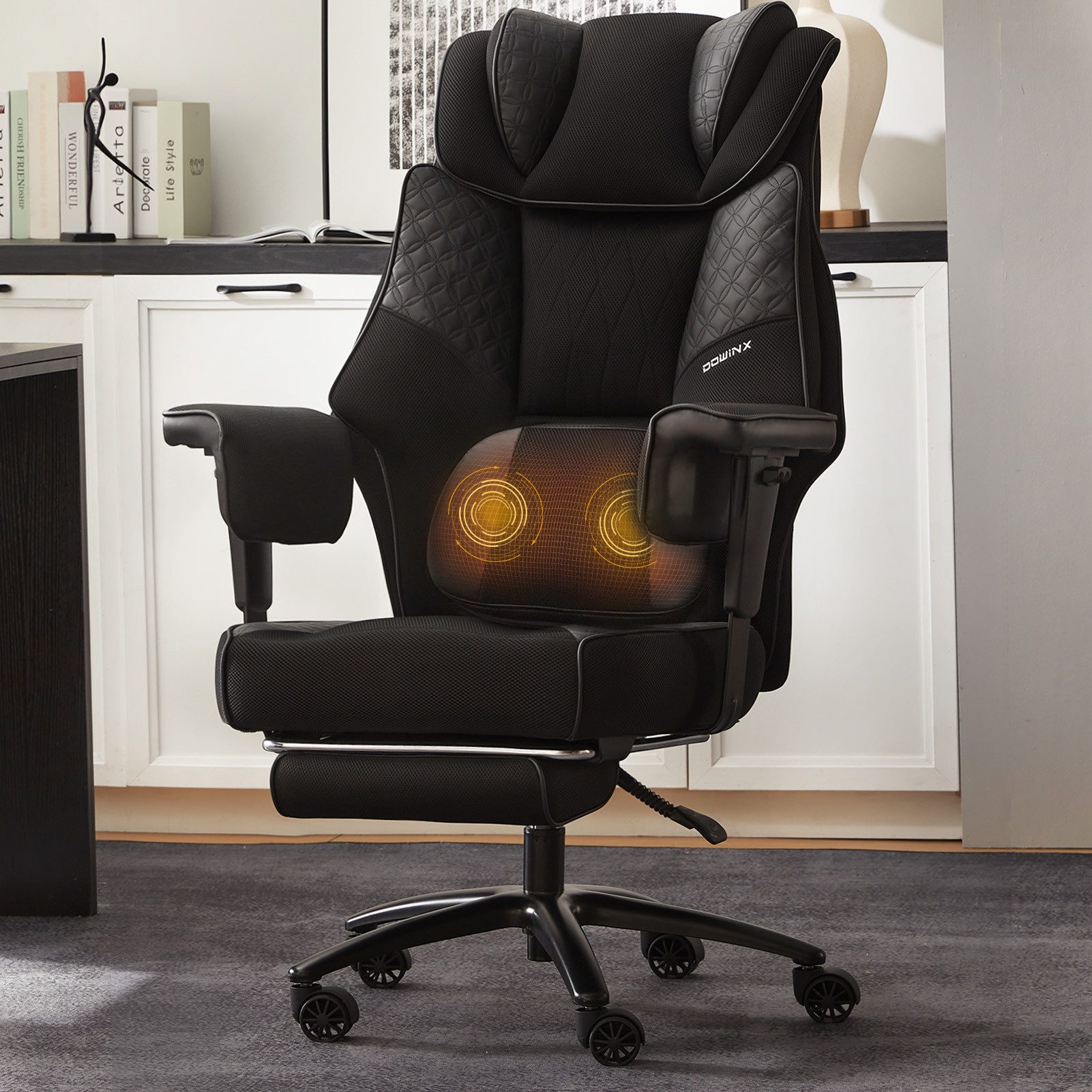 Dowinx Gaming-Stuhl XXL Bürostuhl mit Massage-Lendenkissen & Extra-Dicker Sitzpolsterung (Packung), Chefsessel mit Atmungsaktivem Mesh & Verstellbaren Armlehnen
