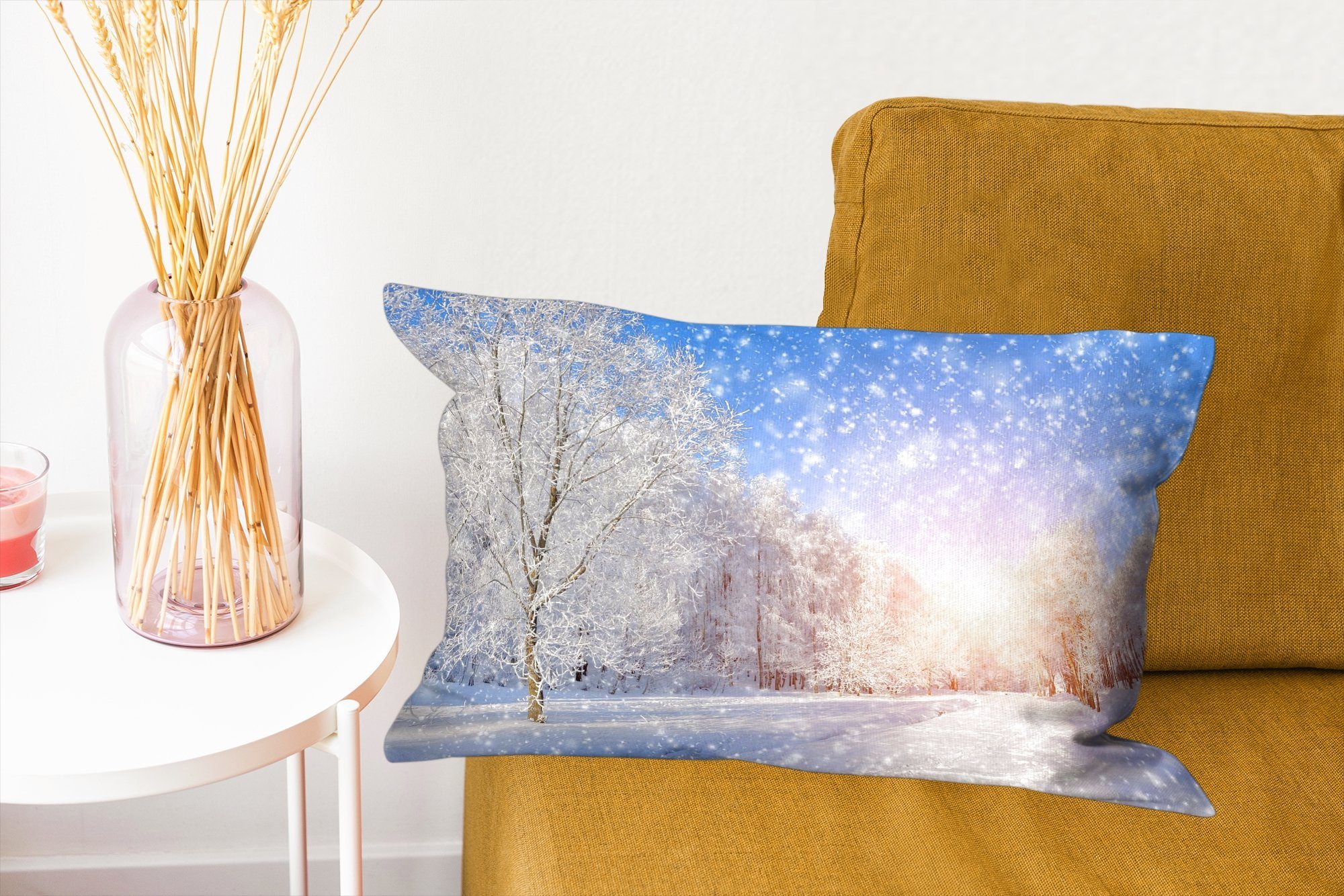 - MuchoWow Schlafzimmer Schnee Dekokissen Dekokissen - Zierkissen, Sonne Dekoration, mit Füllung, Winter, Wohzimmer