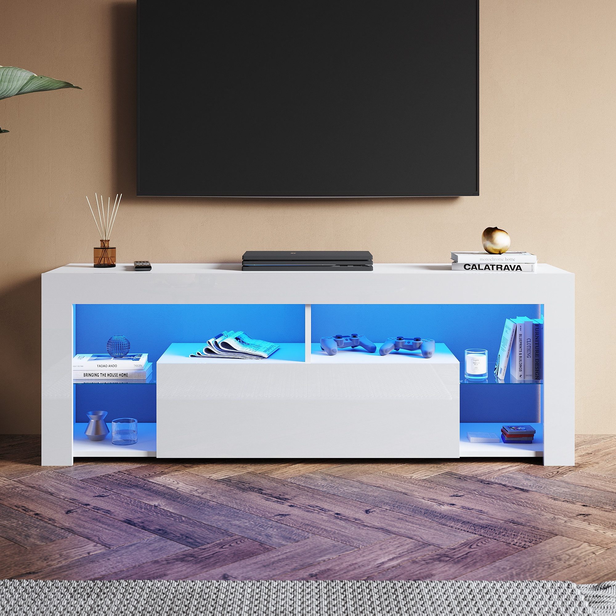 SONNI TV-Schrank Lowboard TV Schrank Weiß mit RGB-Lichteinblendung