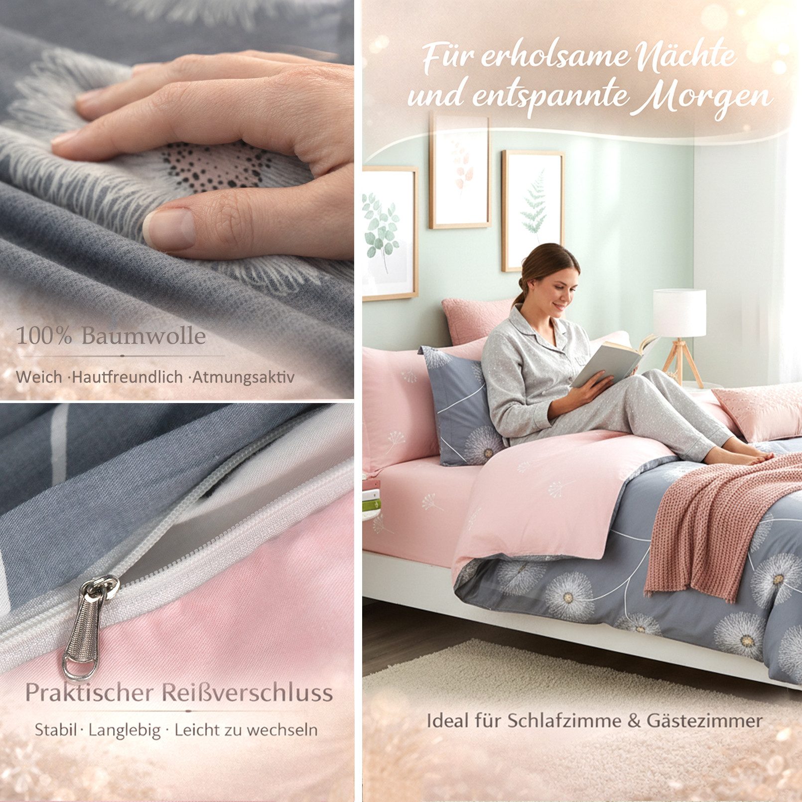 KEAYOO Bettwäsche XDD, Baumwolle, 4 teilig, 100% Baumwolle Grau Rosa Wendebettwäsche mit Reißverschluss