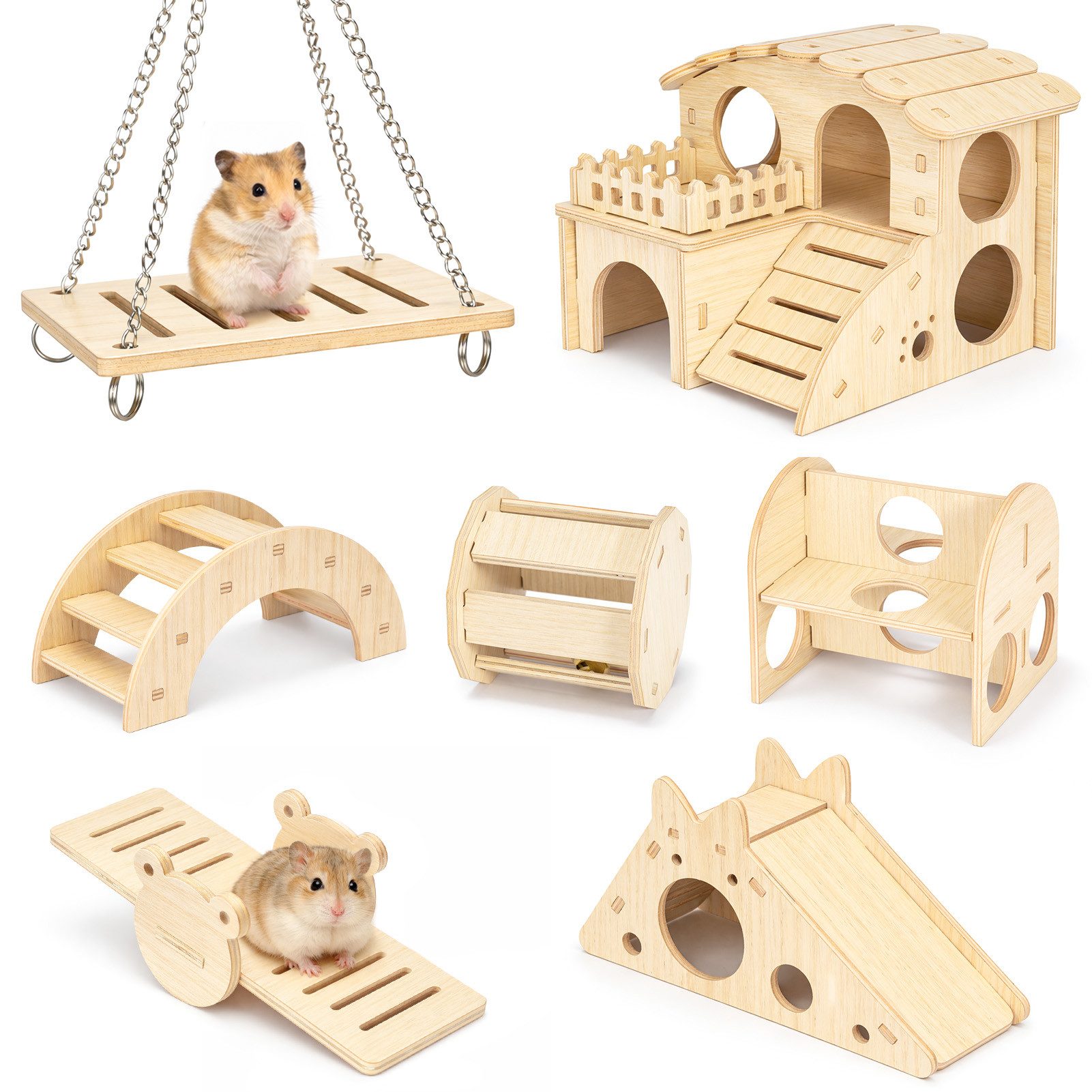 Youyijia Kleintierstall 7er Set Hamsterspielzeug aus Holz, Naturfarben