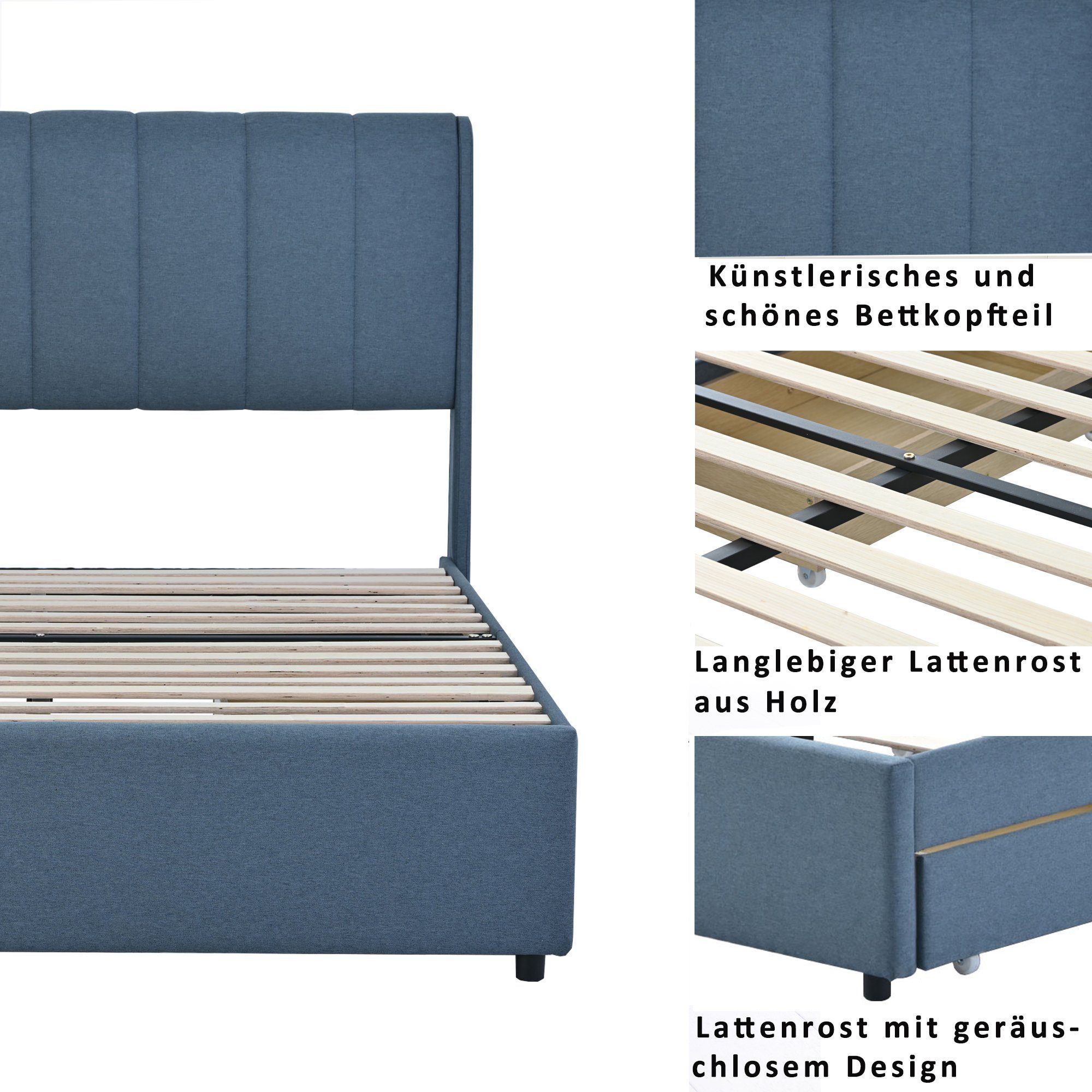 Flieks Polsterbett, Doppelbett blau Leinen Holzbett 4 mit 140x200cm Schubladen