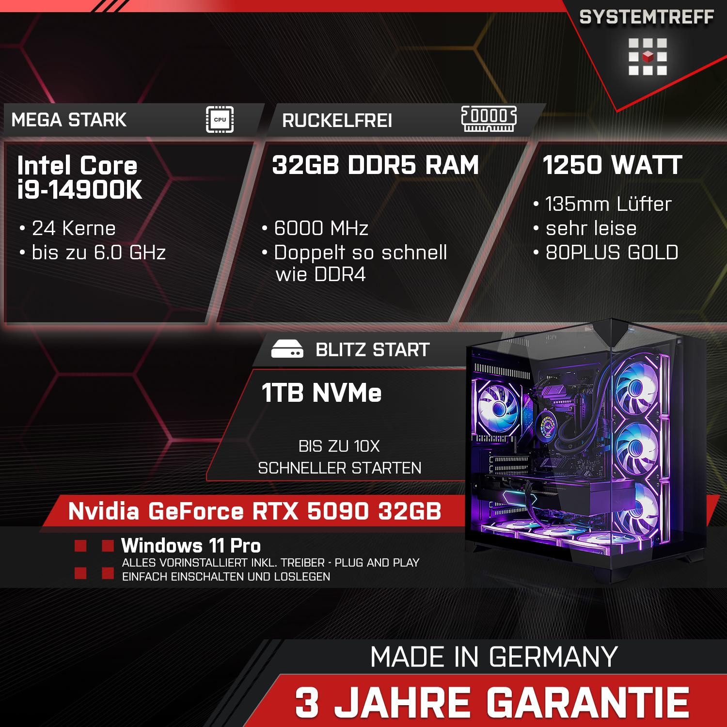 SYSTEMTREFF Gaming-PC (Intel 14900K 14900K, Nvidia GeForce RTX 5090, 32 GB RAM, Wasserkühlung)