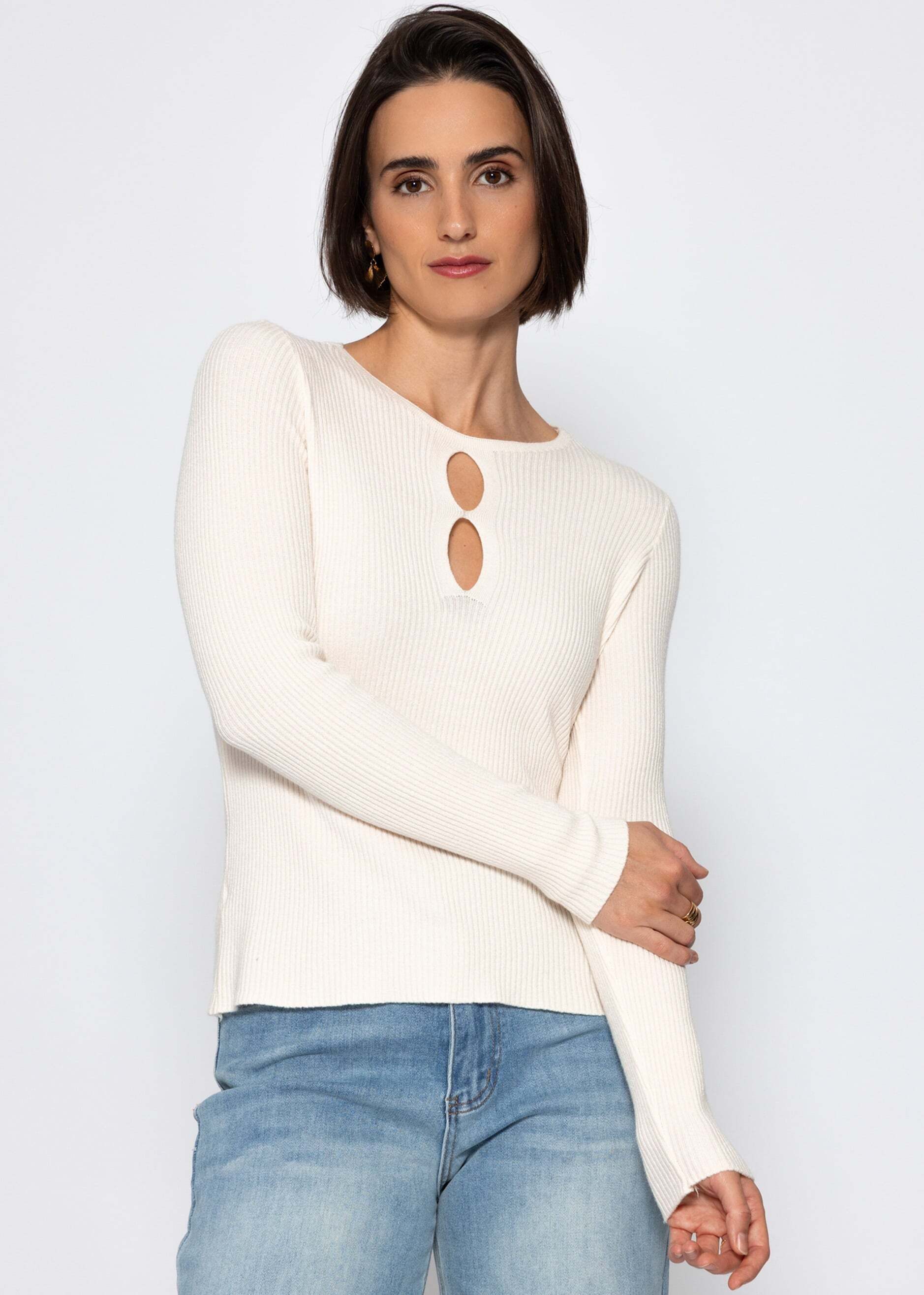 SASSYCLASSY Langarmshirt Rippstrickoberteil mit Cut-Outs für Damen Figurbetontes Langarmshirt mit rundem Ausschnitt Creme