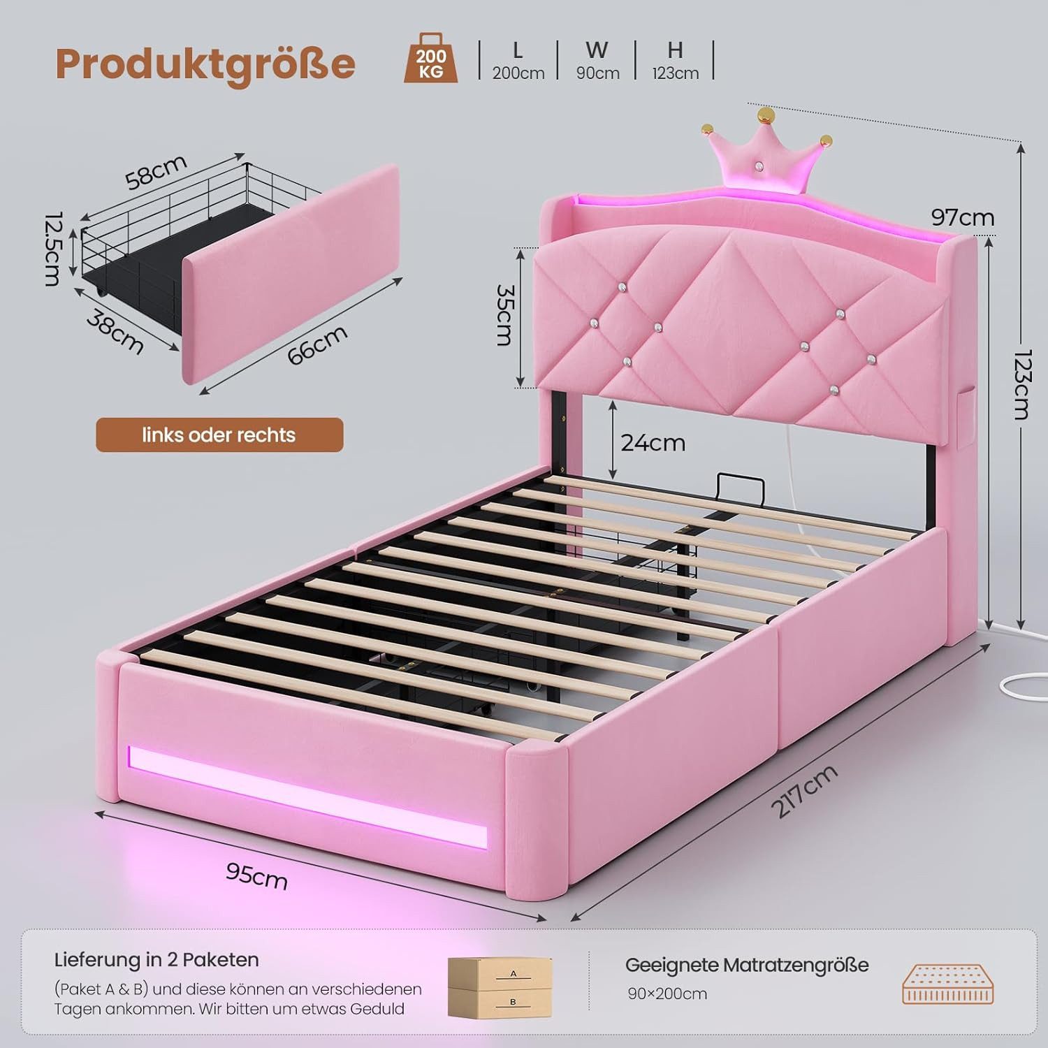 MSMASK Kinderbett im Kronen-Design mit LED-Beleuchtung, Ladestation und 2 Schubladen (Ohne Matratze), Polsterbett Jugendbett Prinzessinnenbett 90 x 200cm
